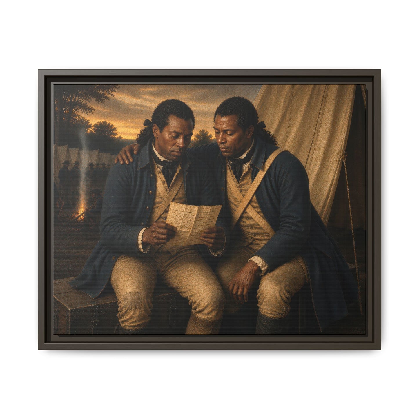Two Black Continental Army soldiers reading a handwritten letter beside a military tent during the Revolutionary War.