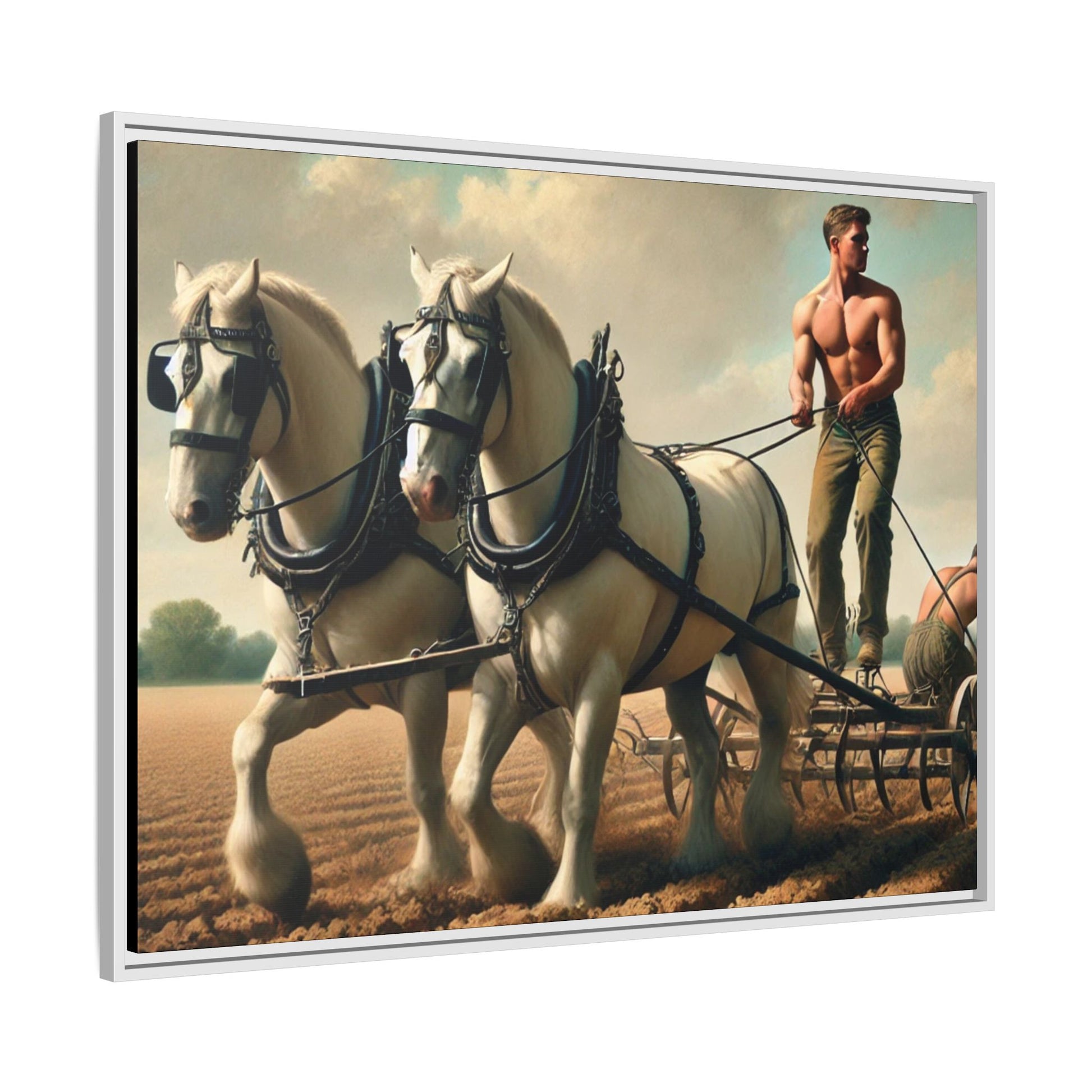 Vintage-style artwork of a shirtless man plowing a field with white horses, celebrating rural life and resilience.