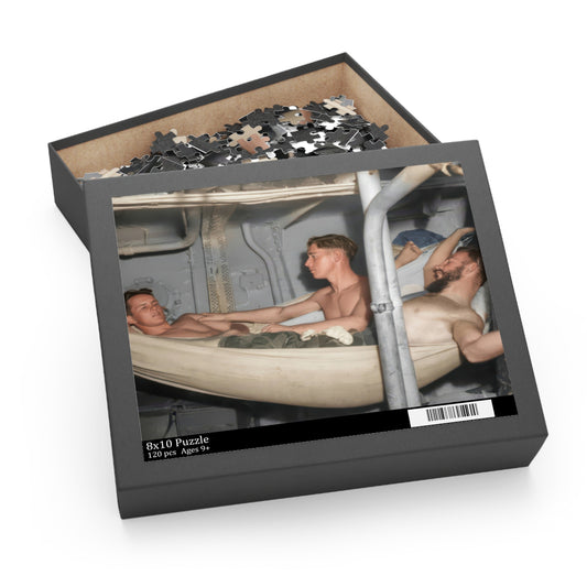 Men among canvas hammocks photo puzzle displayed in full on a cream surface, with reclining figures and vertical pipework visible.