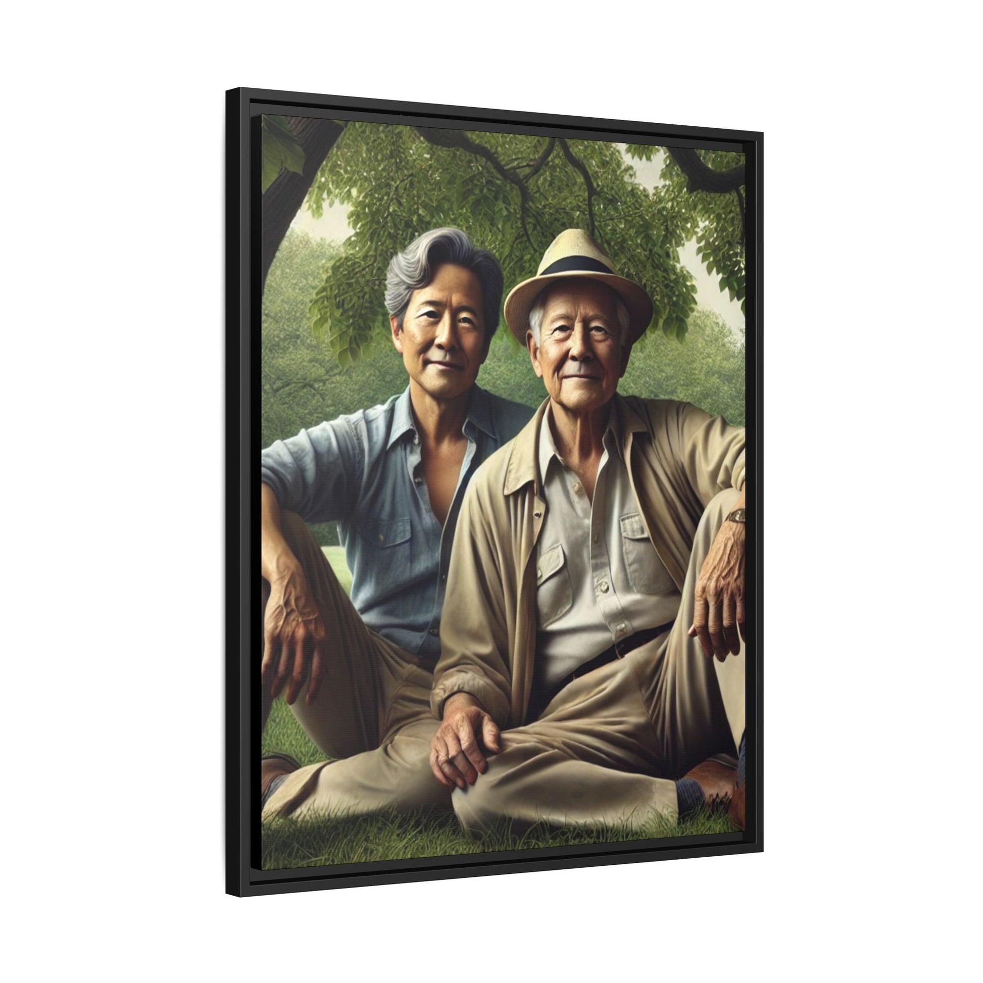 Hyper-realistic painting of an elderly Asian-American gay couple in 1930s attire under a leafy tree, celebrating love and resilience.