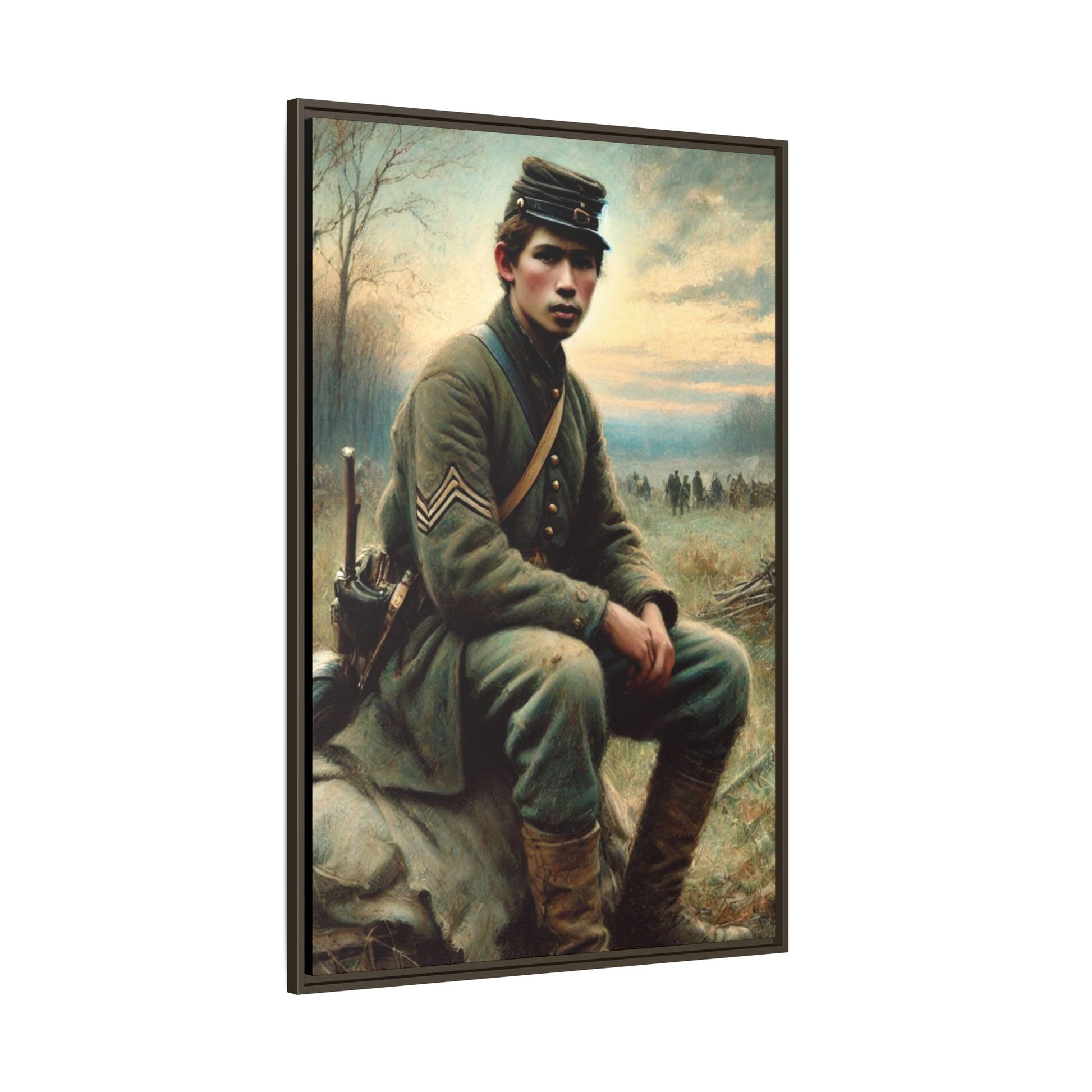 Framed artwork of a Civil War Union soldier inspired by Walt Whitman’s Leaves of Grass and Drum-Taps, depicting themes of sacrifice, strength, and vulnerability amidst a 19th-century battlefield.