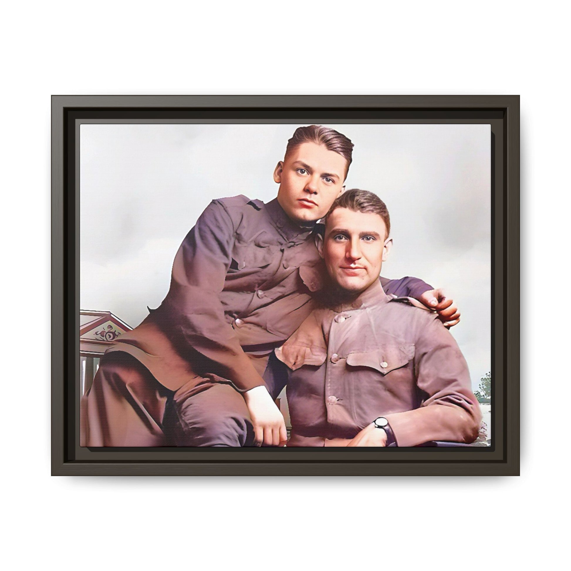 A restored WWII-era portrait of Charlie & Gordon at Debach Airfield, UK. This framed matte canvas captures military camaraderie, resilience, and historical connection, making it a timeless tribute for vintage and aviation collectors. Gay Couple