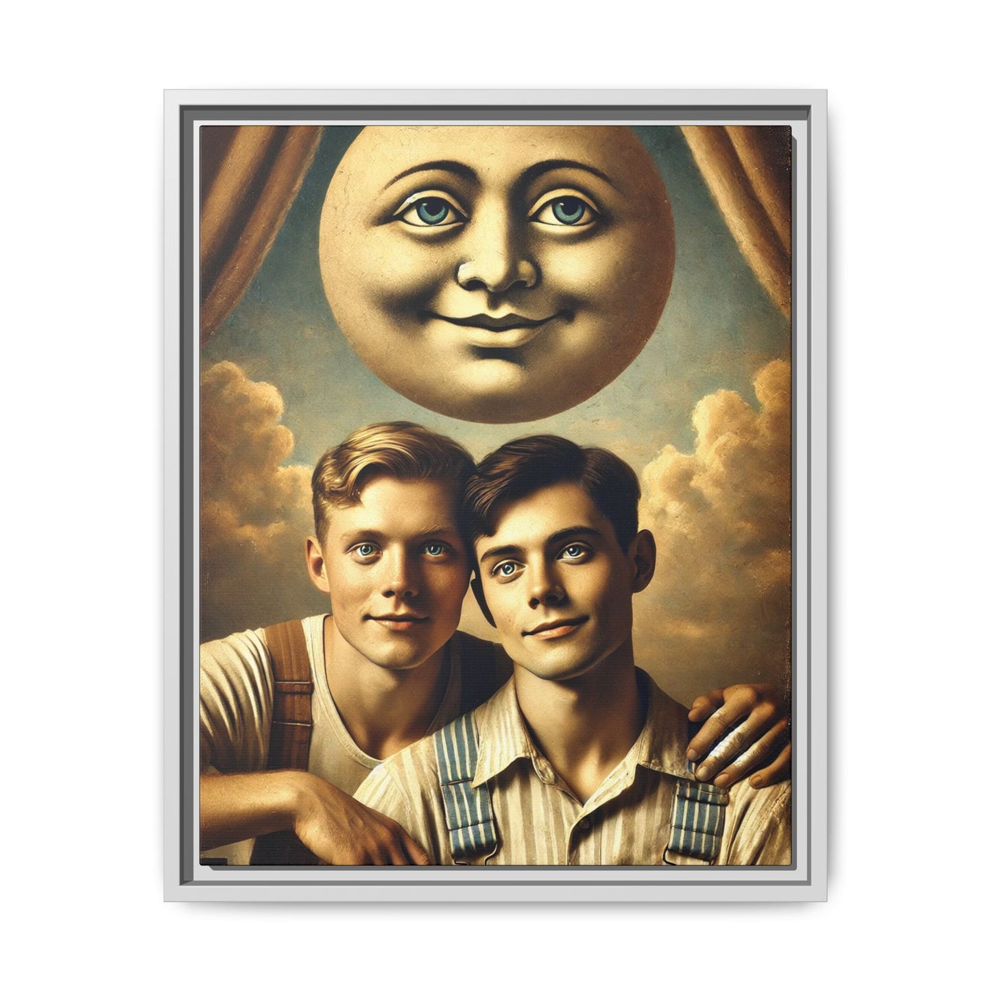 Framed matte canvas portrait featuring two young men in vintage overalls with a crescent moon prop above them. This artwork from the Missing Art Studies series reclaims LGBTQ+ imagery that may have been lost to bias, presenting warmth, intimacy, and presence.
