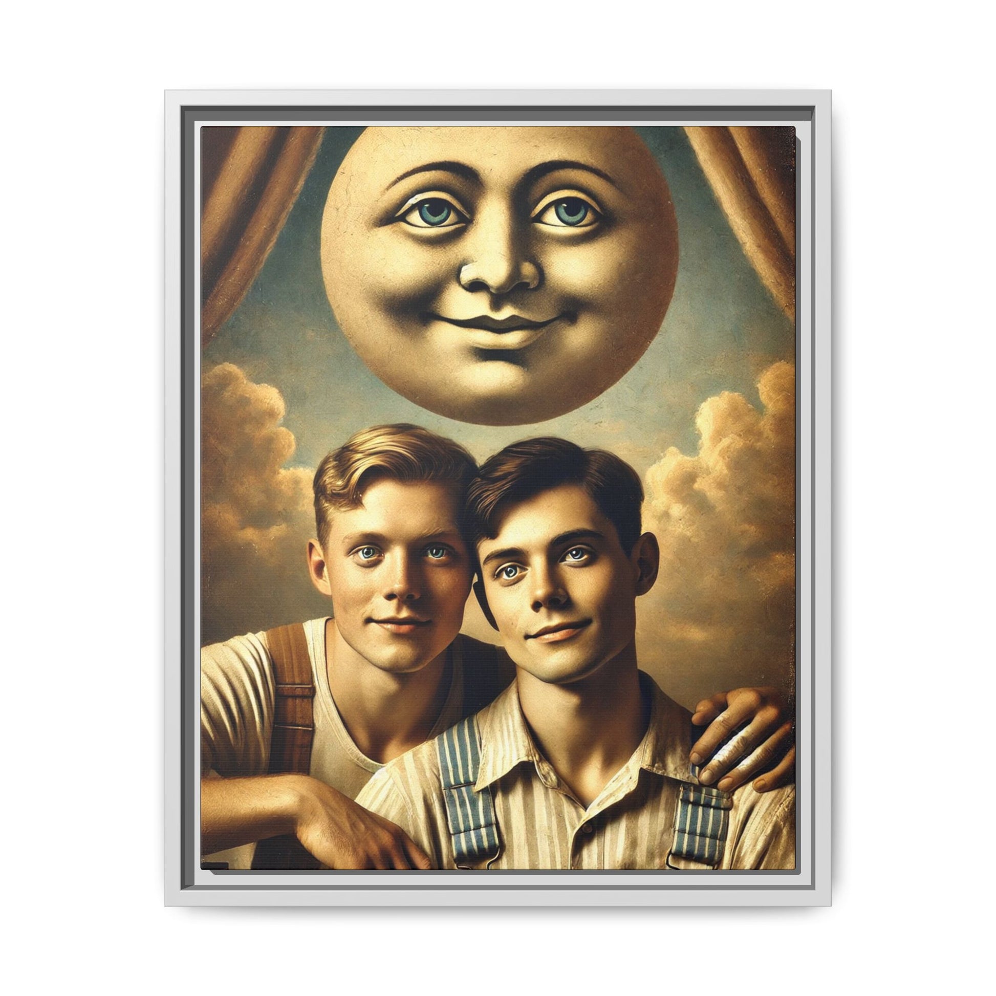 Framed matte canvas portrait featuring two young men in vintage overalls with a crescent moon prop above them. This artwork from the Missing Art Studies series reclaims LGBTQ+ imagery that may have been lost to bias, presenting warmth, intimacy, and presence.