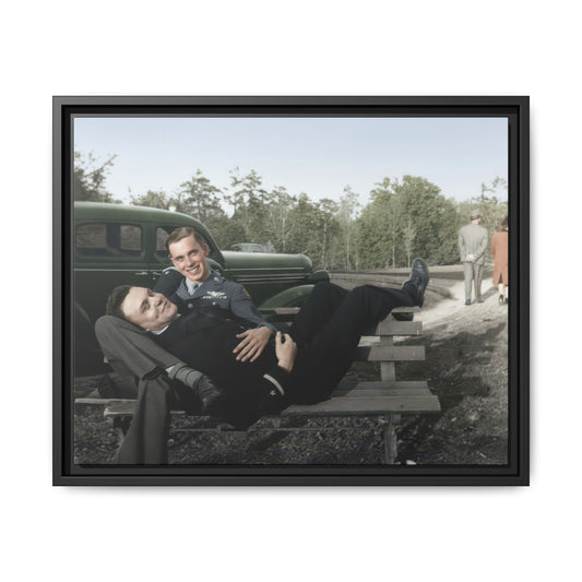 Mid-century historical photograph with reclining figure and uniformed companion outdoors