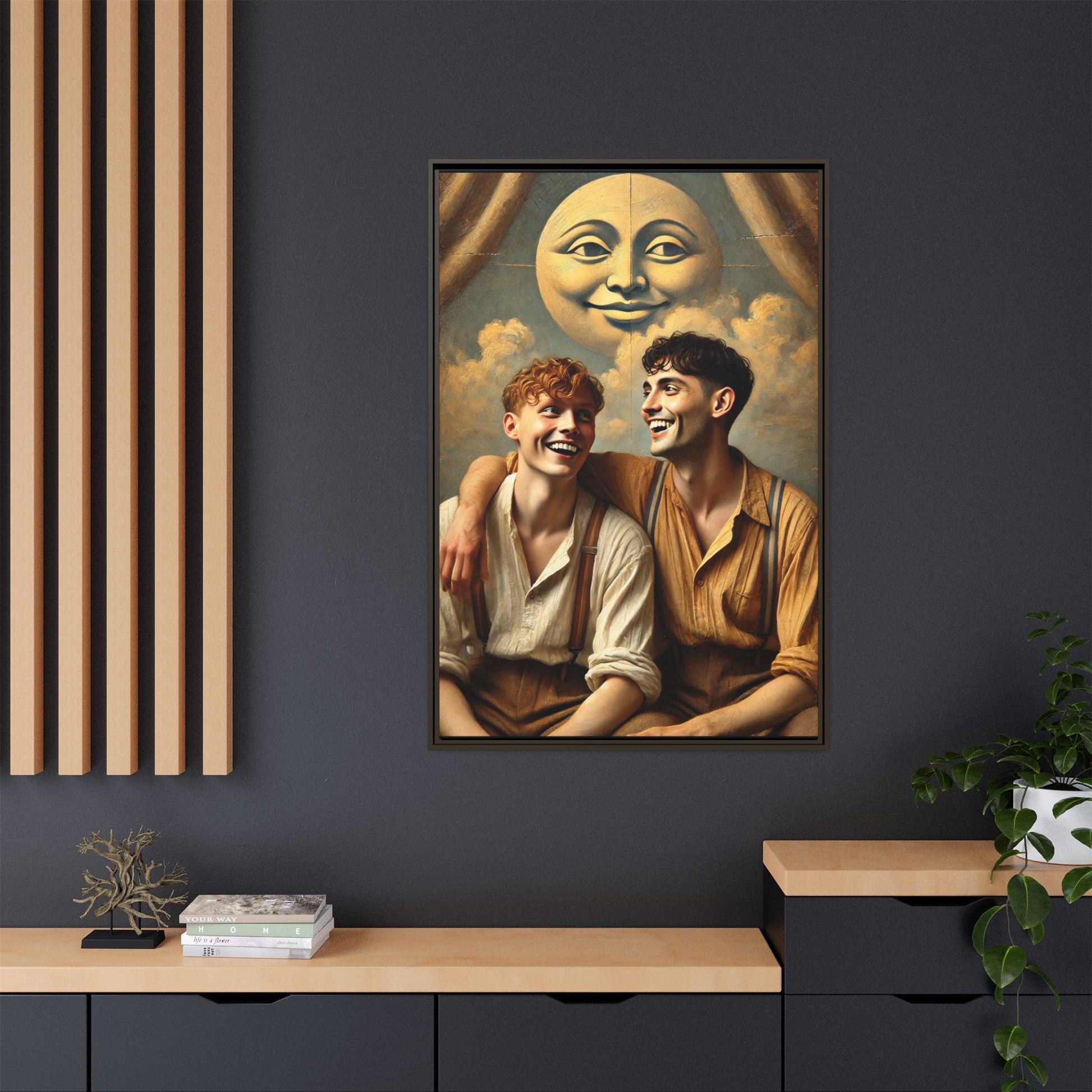 Queer artwork of two joyful young men dressed in vintage clothing with rolled sleeves and suspenders, laughing under a large moon prop in a dreamy studio scene. A celebration of love and resilience reclaimed from forgotten queer histories.