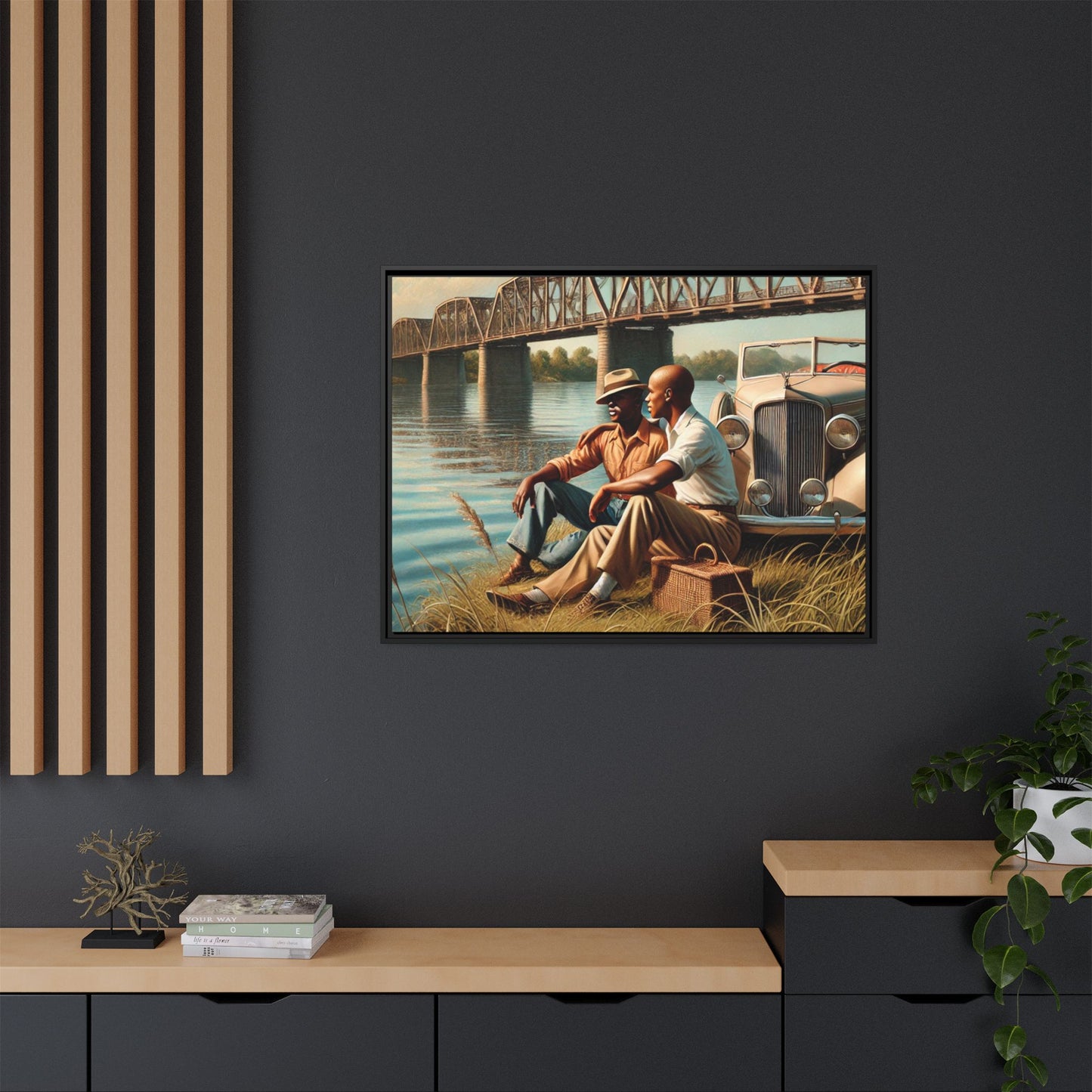 Vintage-style painting of an African-American gay couple in the 1930s by the Mississippi River with a Packard car, celebrating love and resilience.