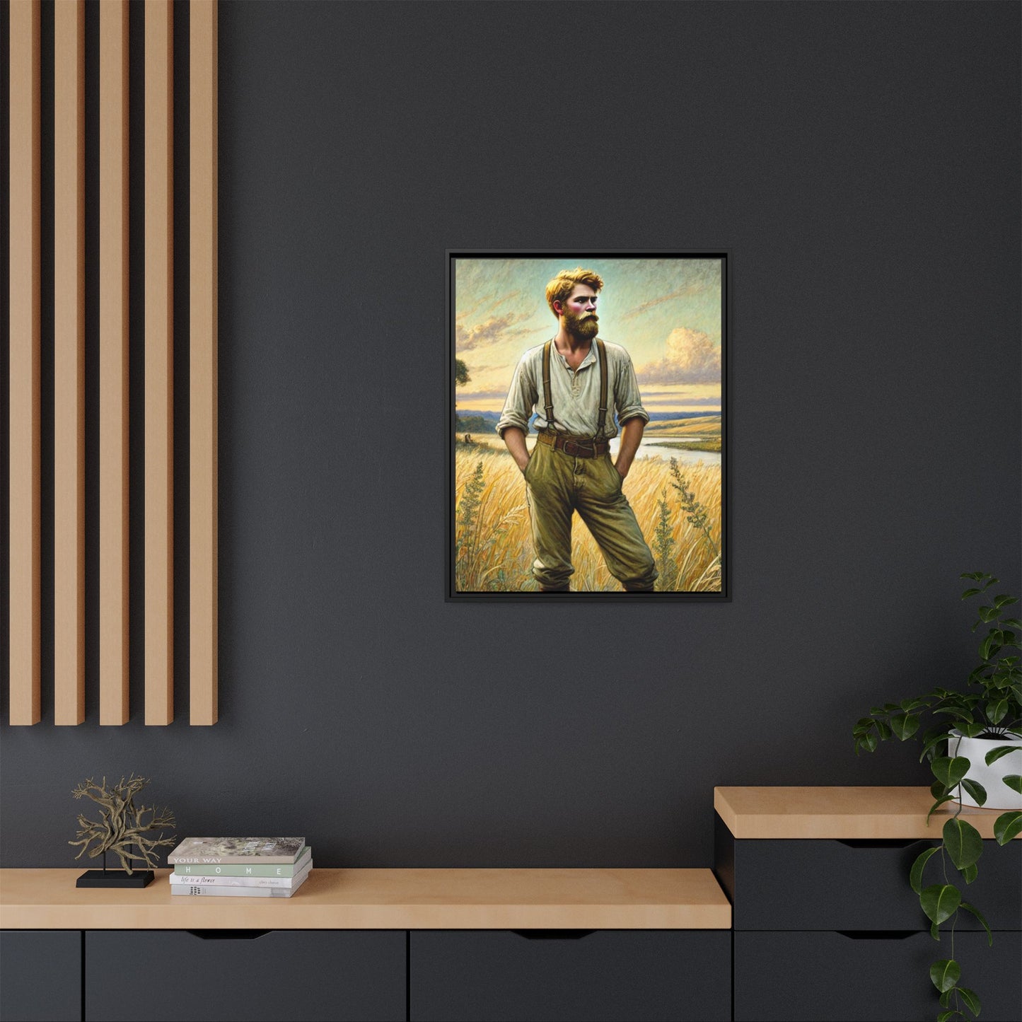 Framed artwork of a confident farmer in 19th-century attire, standing in a golden wheat field, inspired by Walt Whitman’s Song of Myself in Leaves of Grass.