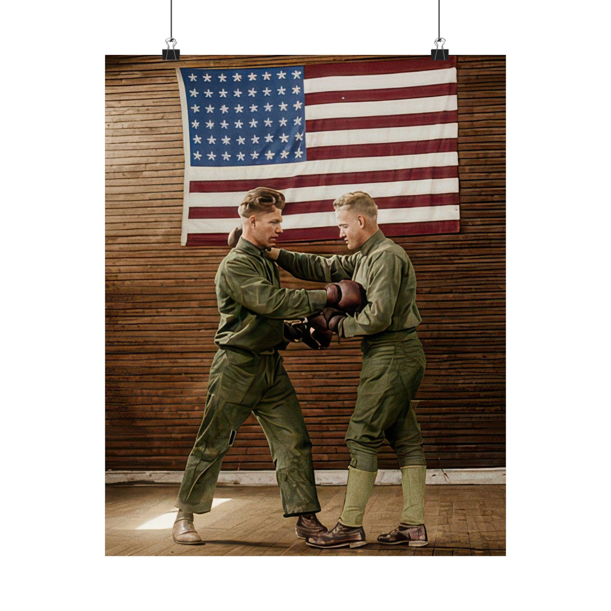  Restored vintage military boxing photograph presented as a vertical matte poster with two trainees on a wooden platform.