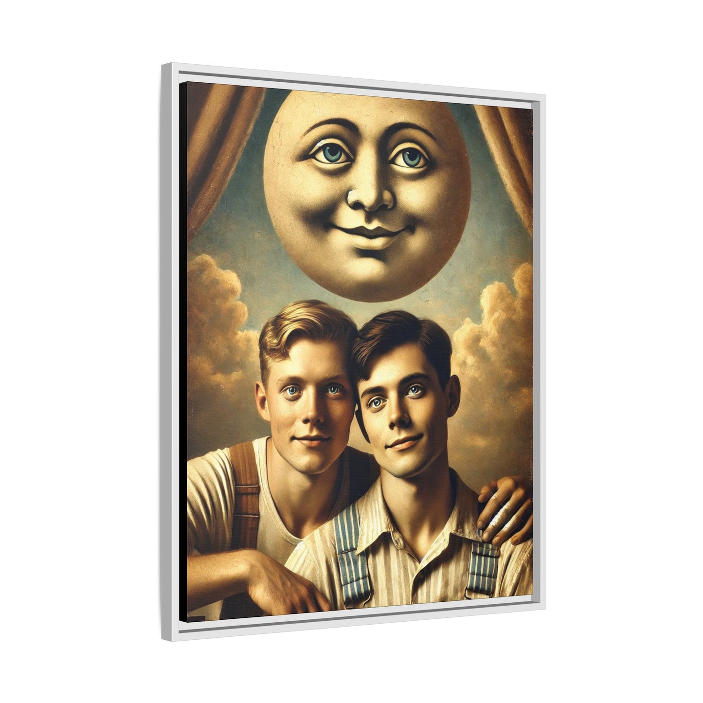 Framed matte canvas portrait featuring two young men in vintage overalls with a crescent moon prop above them. This artwork from the Missing Art Studies series reclaims LGBTQ+ imagery that may have been lost to bias, presenting warmth, intimacy, and presence.