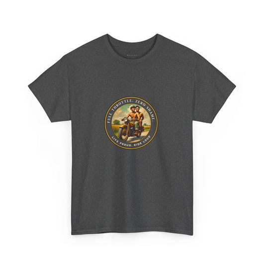  Vintage-inspired LGBTQ+ pride t-shirt featuring a 1930s-style image of two shirtless Asian men riding a motorcycle. With affirmations like “Full Throttle. Zero Shame” and “Live Proud. Ride Loud,” this tee honors queer freedom, Asian pride, and bold love.