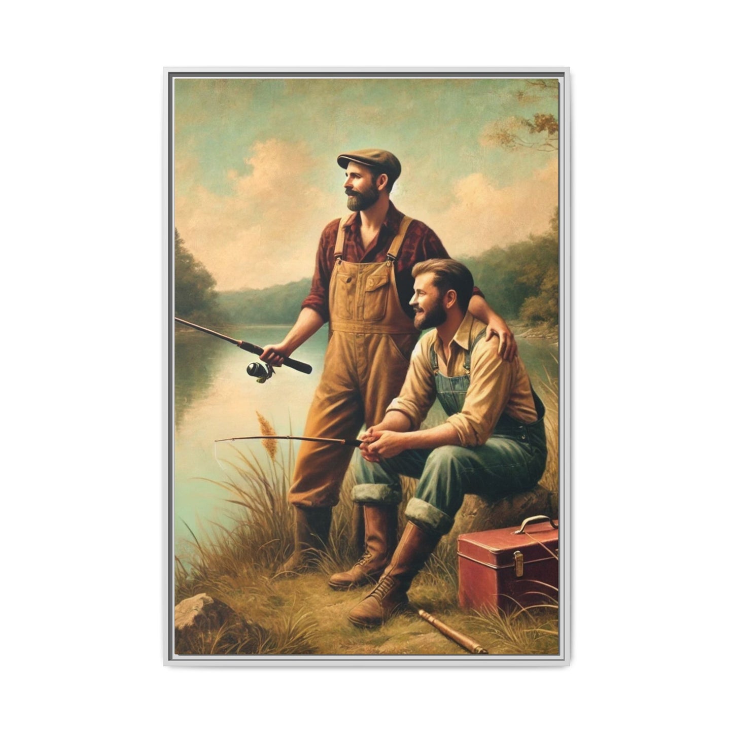 Vintage-style artwork of a gay couple fishing at a serene lakeside in the 1930s, celebrating love and rural life