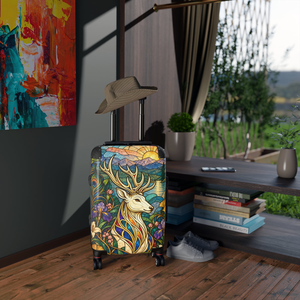 The Jeweled Sentinel Stained Glass Stag Suitcase | Aesthetic Movement Luggage