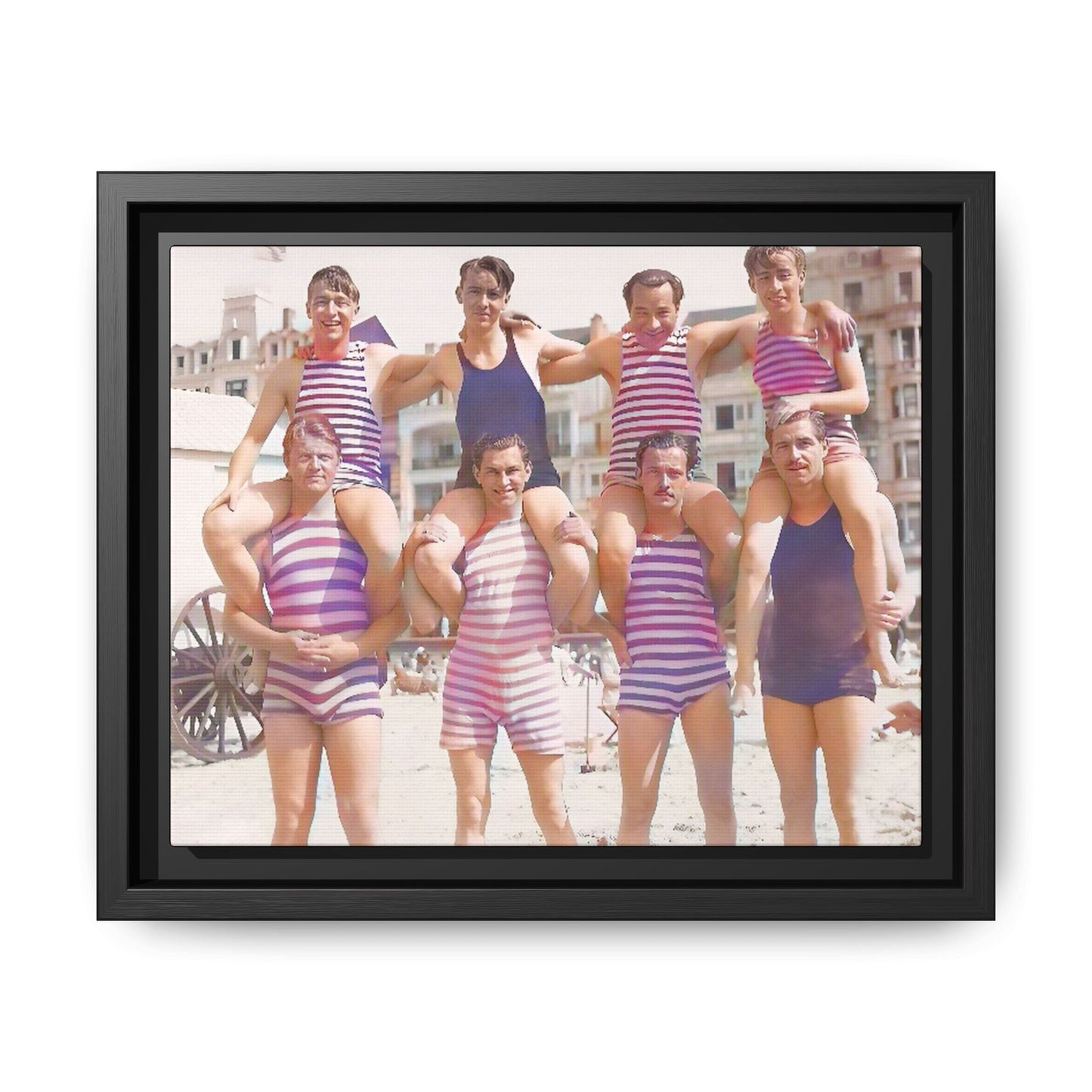 Restored vintage photo of a Bachelor Party in Corpus Christi TX, featuring men in striped swimwear forming human towers, framed canvas art.