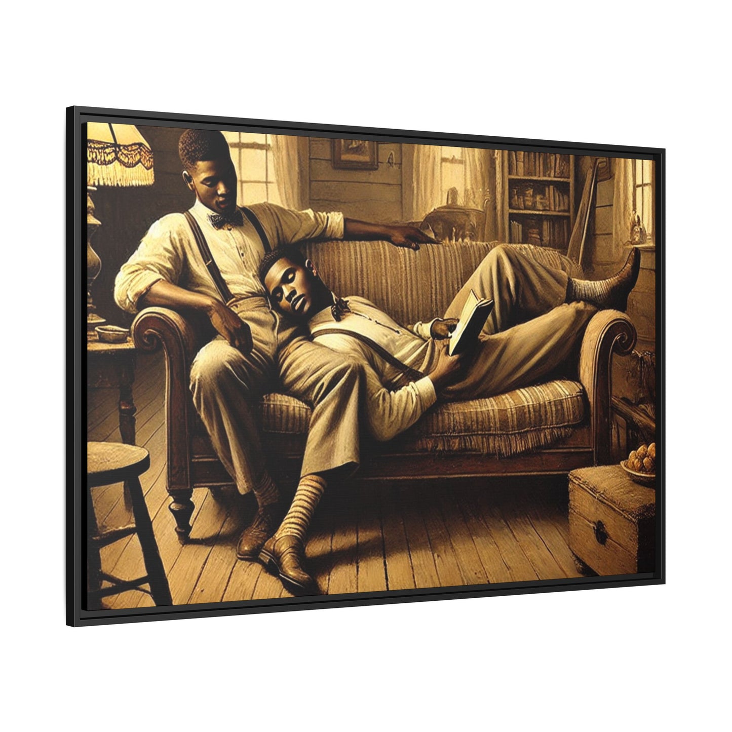 Framed artwork of an African-American gay couple sharing an intimate moment on a rustic sofa, inspired by Grant Wood’s style