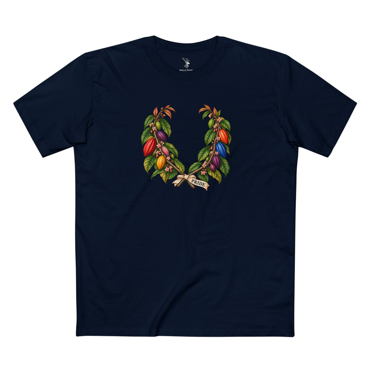 Ghanaian cocoa botanical laurel wreath with colorful Pride pods and warm ivory PRIDE text for dark shirts