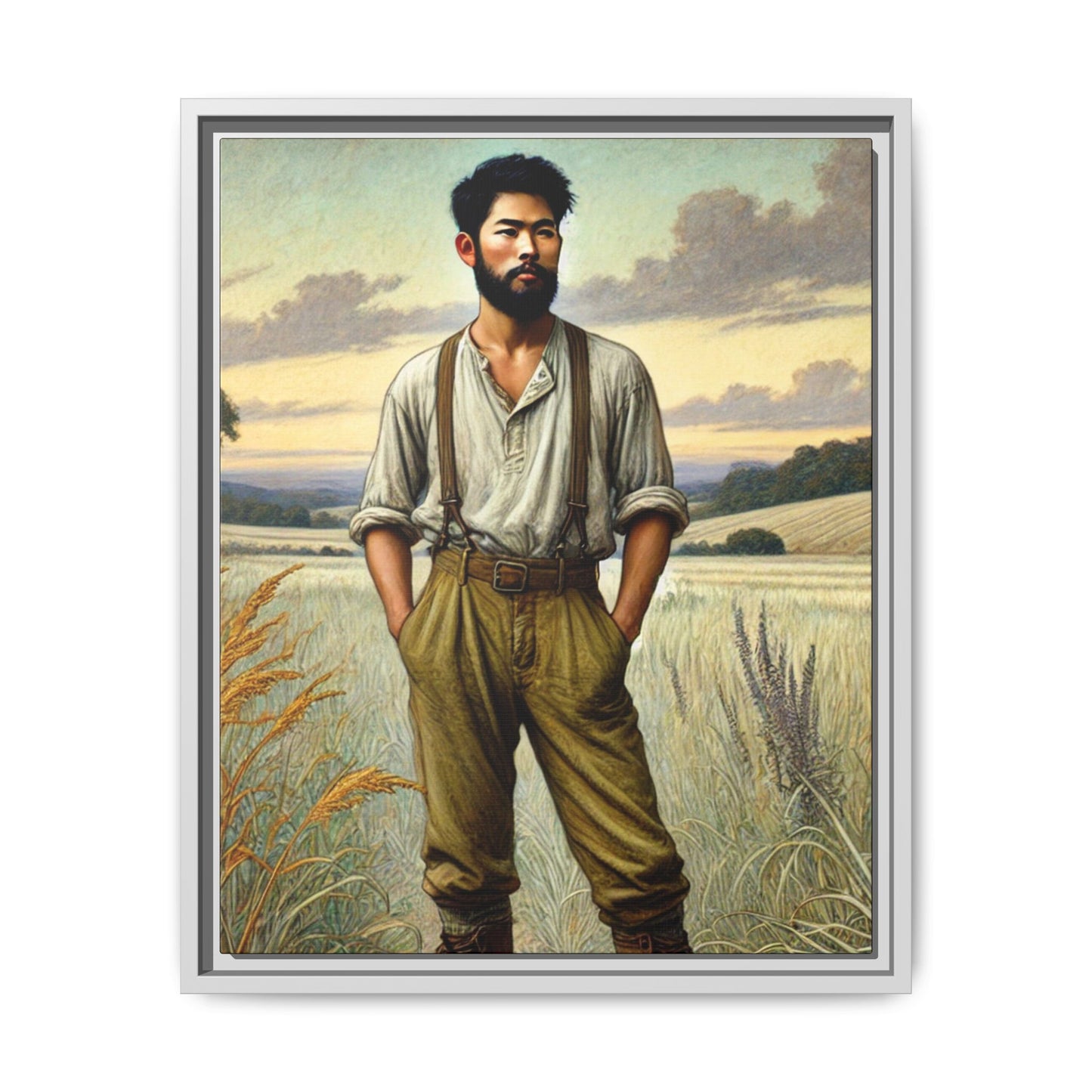 Framed artwork of an Asian-American farmer in 19th-century attire, inspired by Walt Whitman’s Leaves of Grass and Song of Myself, set against a serene rural backdrop of golden wheat fields and rolling hills.