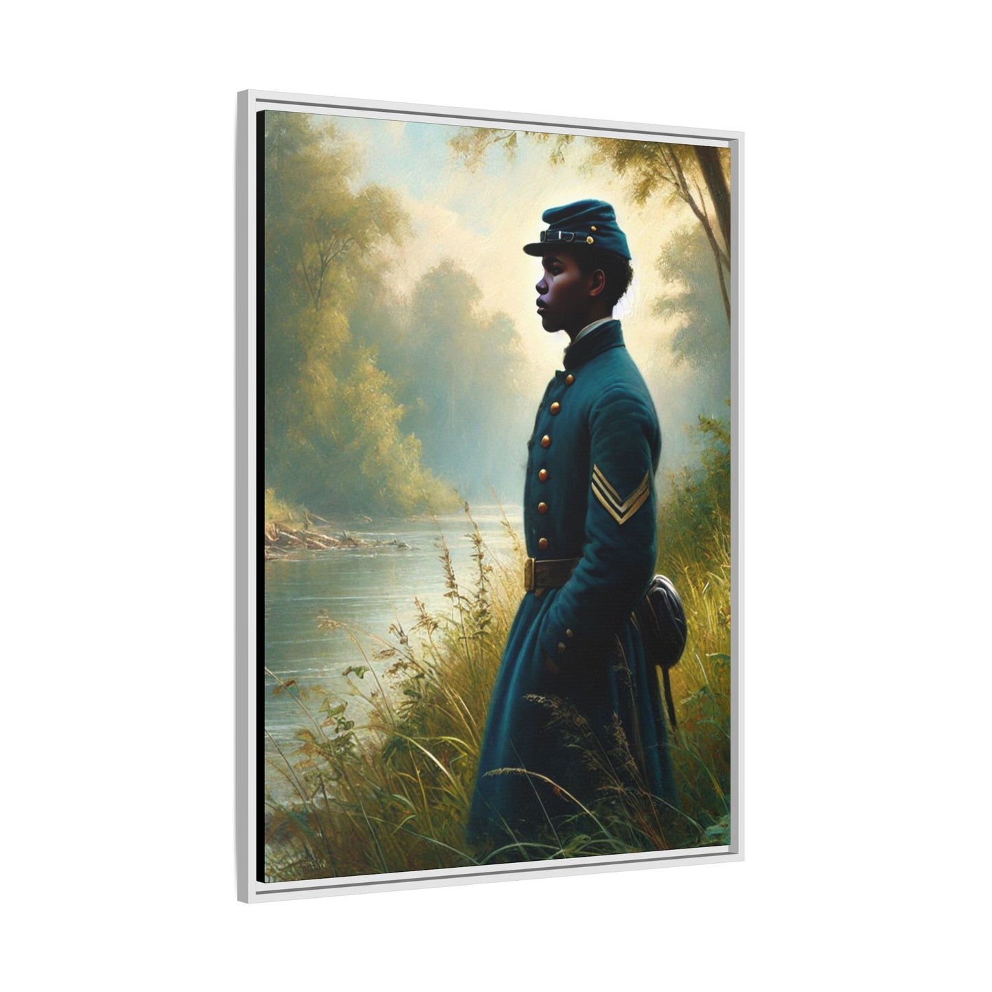 Portrait of an African American Union soldier standing solemnly by a riverside, inspired by Walt Whitman’s Leaves of Grass and Drum-Taps, honoring sacrifice, resilience, and history. Grant Wood Inspired