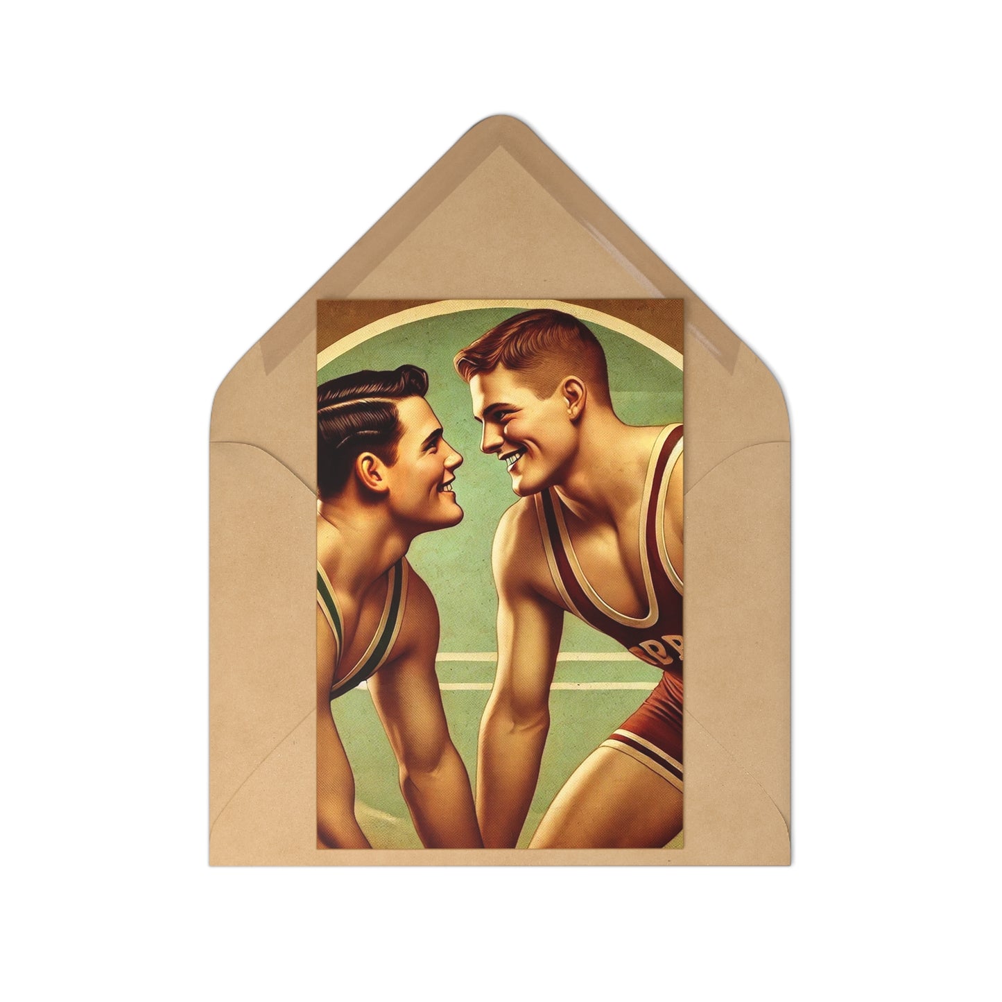 Artistic postcard set featuring a nostalgic scene of vintage wrestlers in a Grant Wood-inspired Americana style.