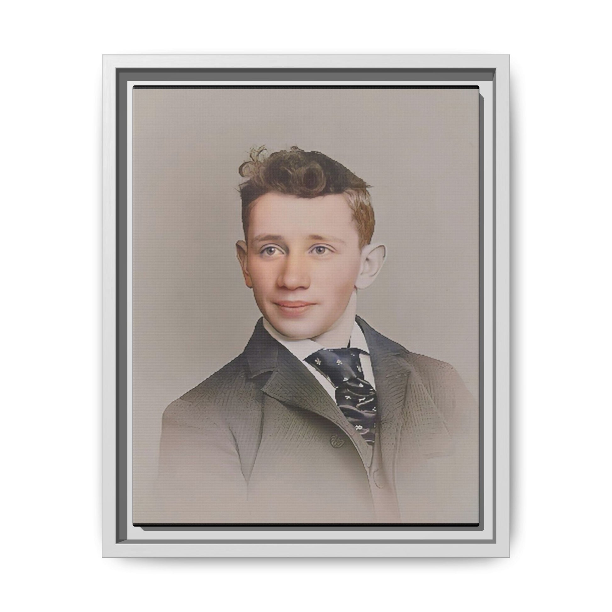 Restored vintage portrait of Leo from early 1900s Milwaukee, Wisconsin, featuring refined elegance and a patterned cravat. Framed matte canvas print celebrating timeless style and individuality.