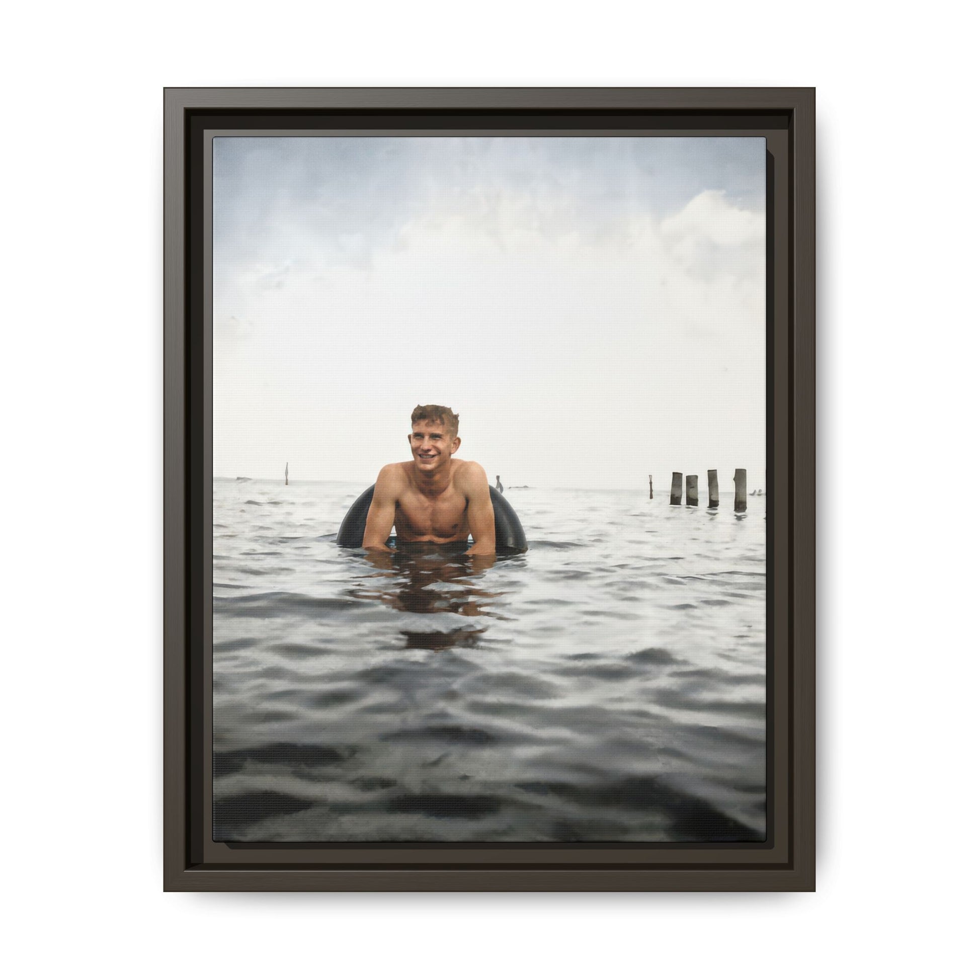Mid-century swimming portrait reproduced as framed matte canvas wall art 