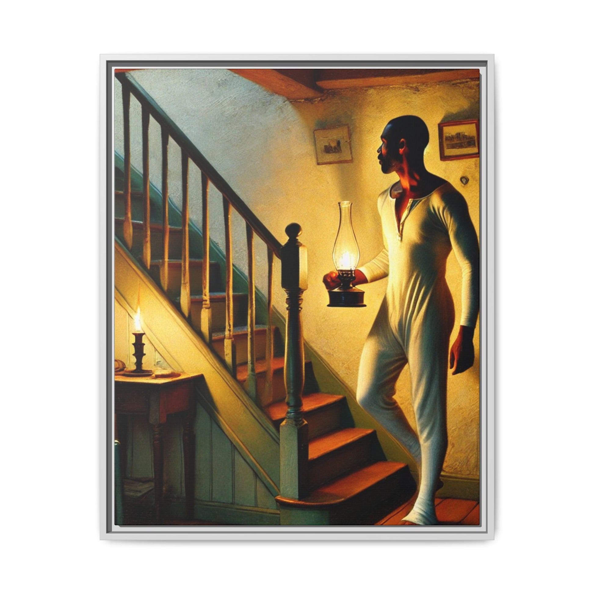 Framed artwork of an African-American man holding a lantern on a staircase, inspired by Grant Wood's style.