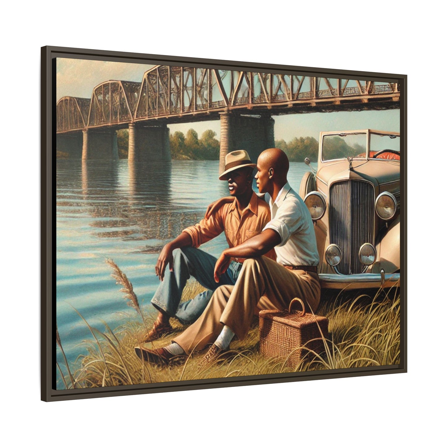 Vintage-style painting of an African-American gay couple in the 1930s by the Mississippi River with a Packard car, celebrating love and resilience.