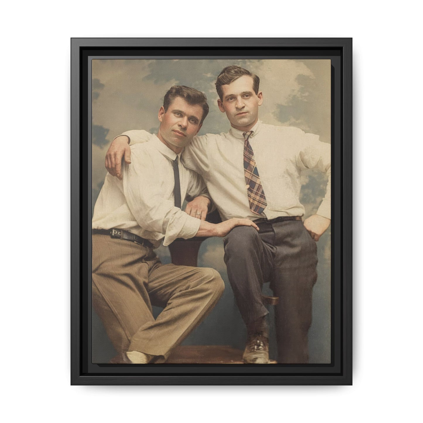 Mid-century double portrait framed canvas wall art featuring two young men posed against a blue studio backdrop
