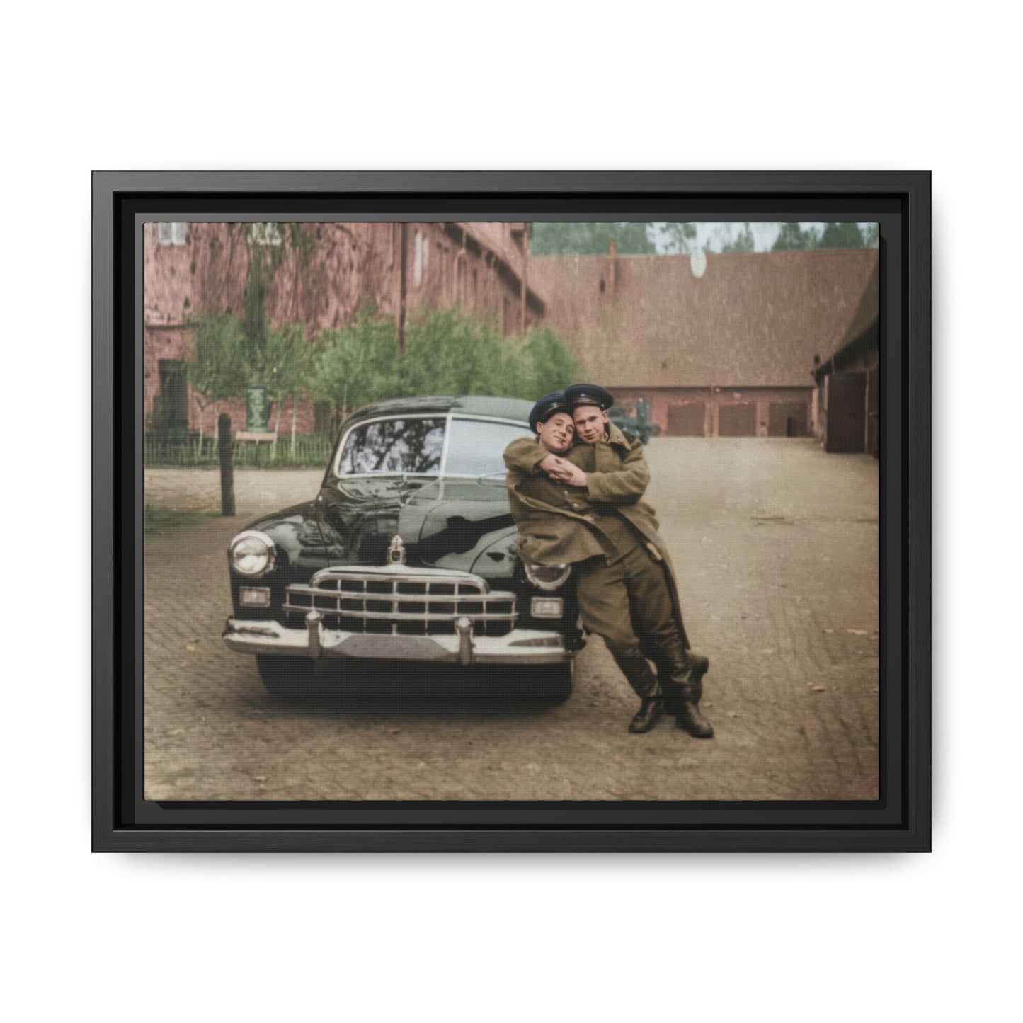 mid twentieth century military portrait two servicemen beside automobile vintage photograph canvas wall art