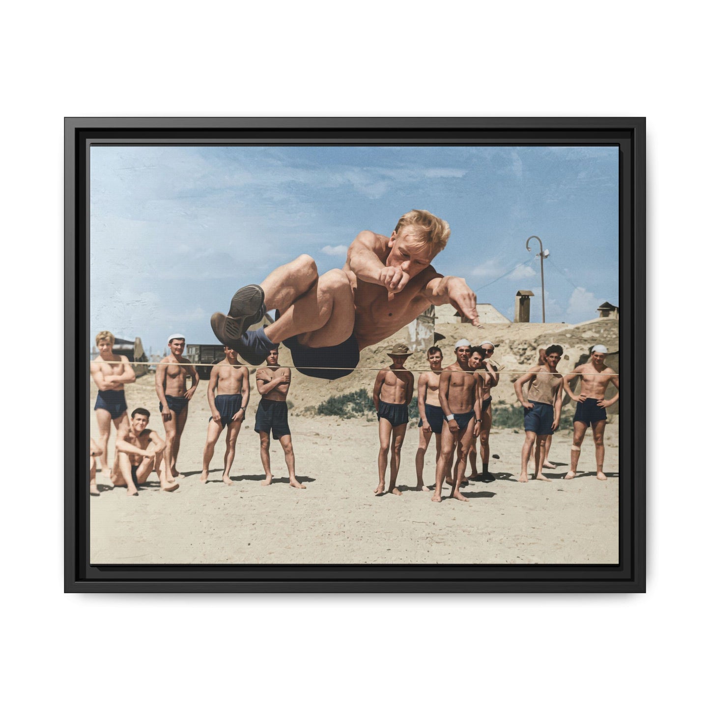 Mid-century athletic beach scene wall art showing jumper suspended above a horizontal line 