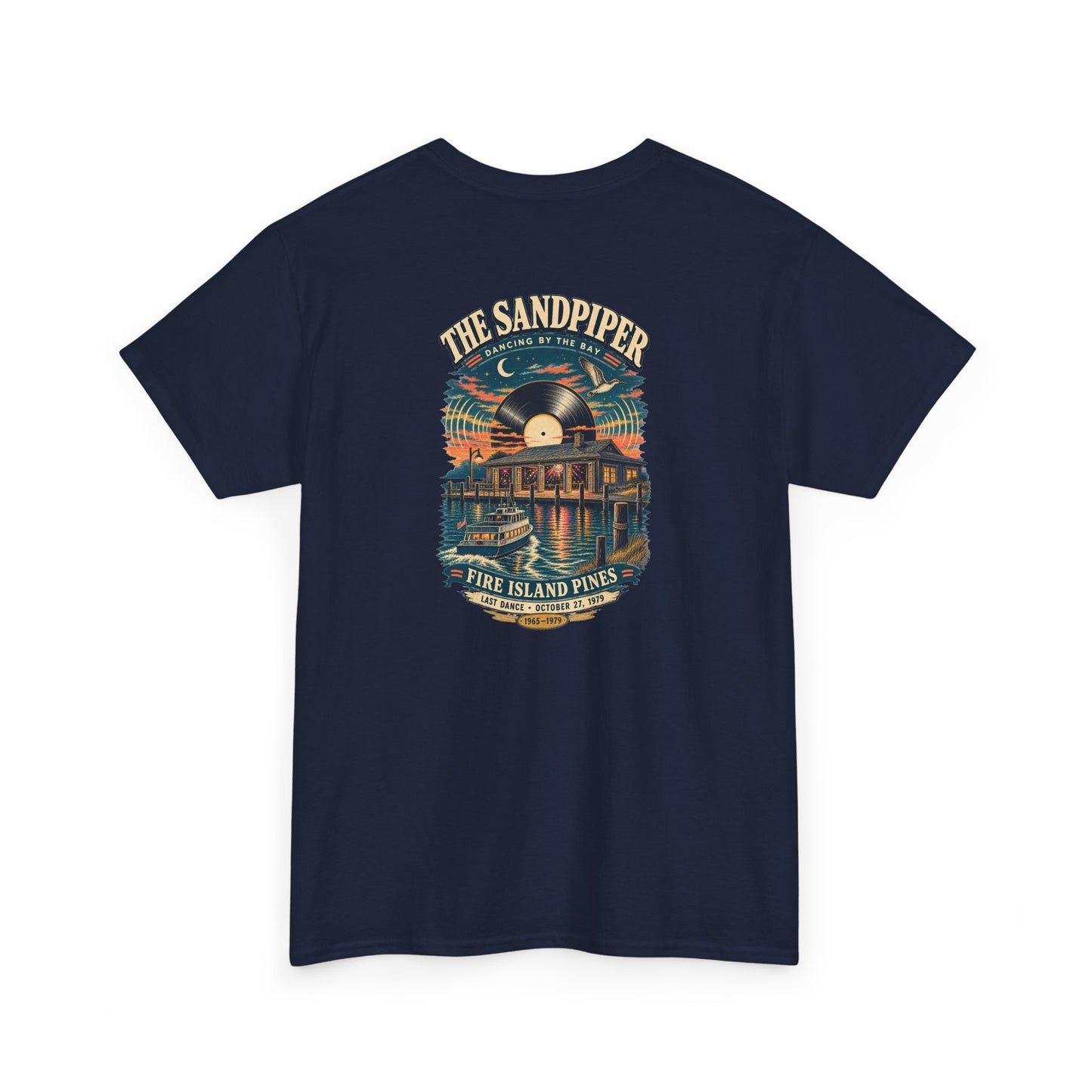 Back of the Sandpiper Fire Island Pines T-shirt featuring a ferry, waterfront disco, vinyl record and Last Dance October 27, 1979 artwork