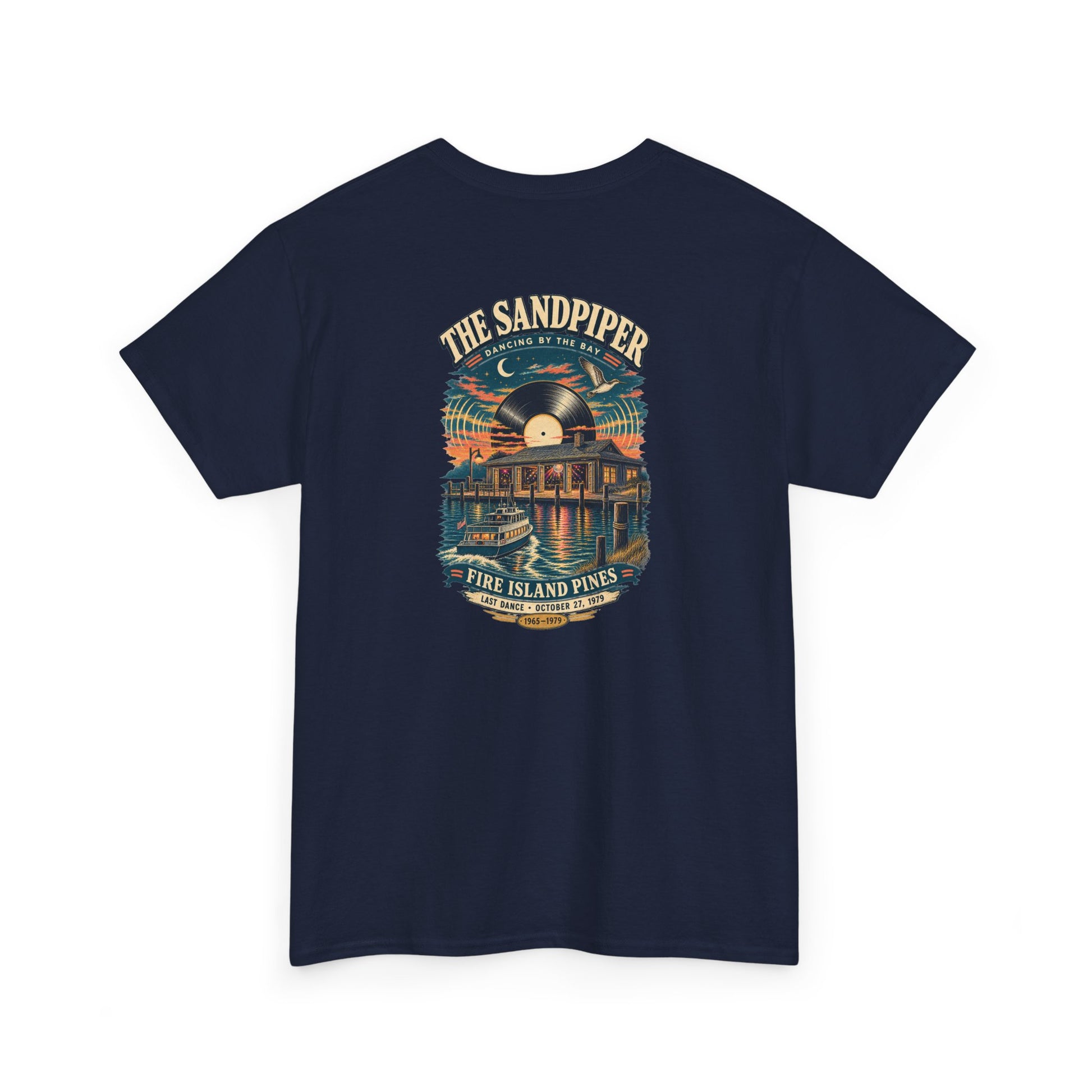 Back of the Sandpiper Fire Island Pines T-shirt featuring a ferry, waterfront disco, vinyl record and Last Dance October 27, 1979 artwork