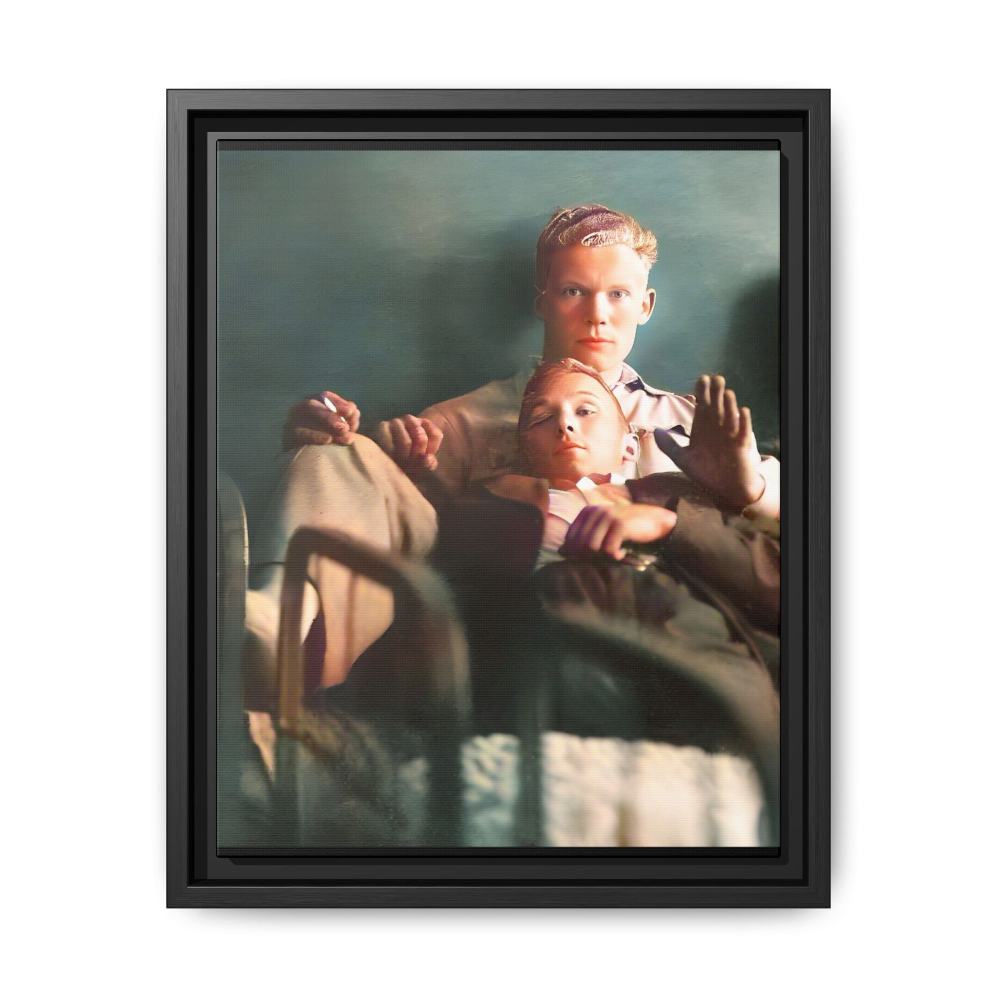 Vintage LGBTQ+ love portrait of Balfour & Strom in Mobile, Alabama. A restored historic photograph capturing timeless affection and connection, available as a museum-quality matte canvas print with handcrafted frame options. Gay Couple