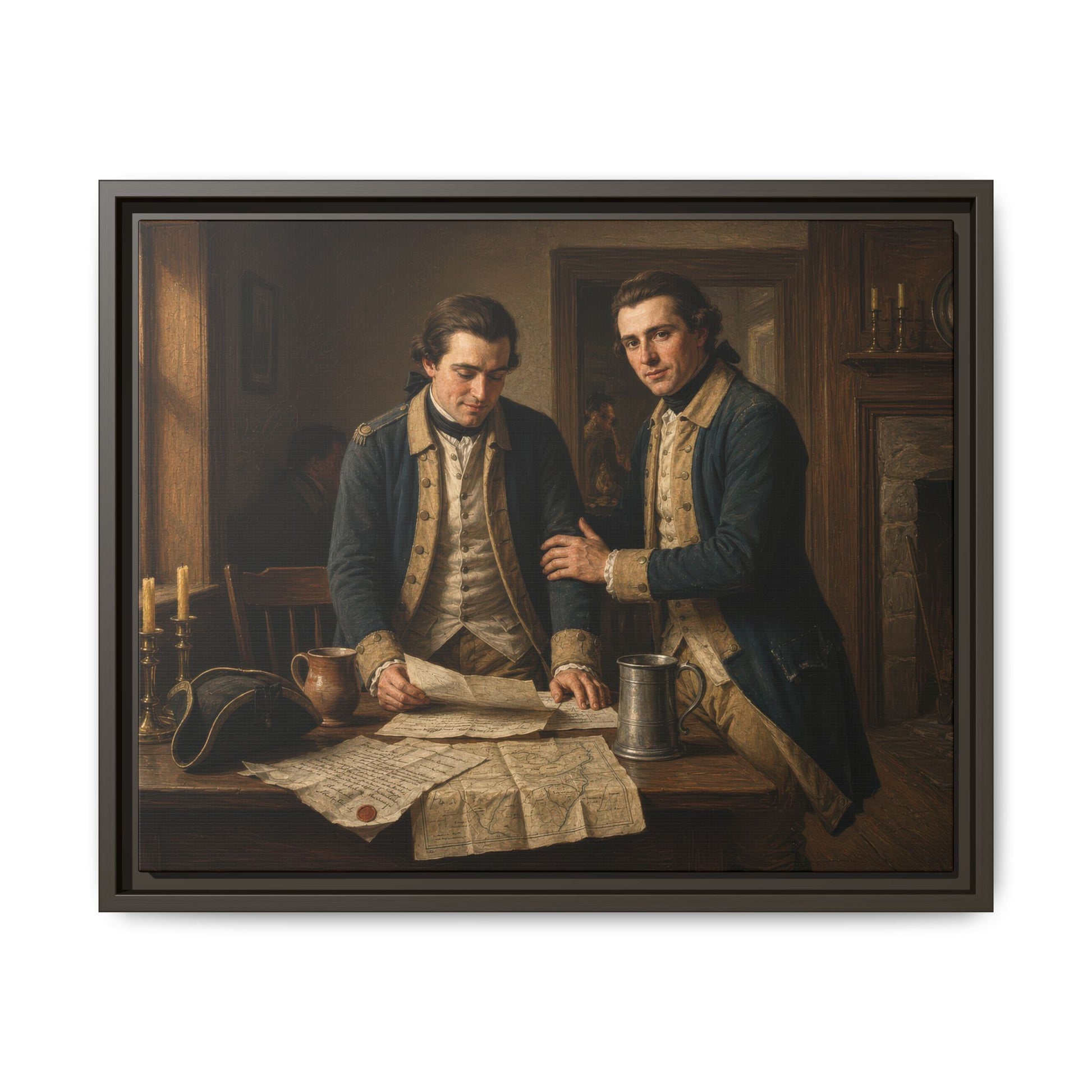 Two Continental Army officers studying military maps and official correspondence inside a Revolutionary War headquarters framed matte canvas by Walt & Pete®