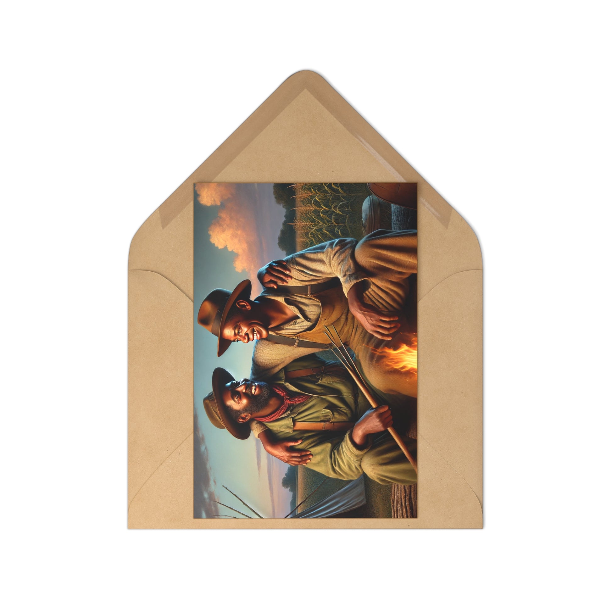 Heartwarming postcard set featuring an African-American couple in a serene rural landscape, celebrating love and history.