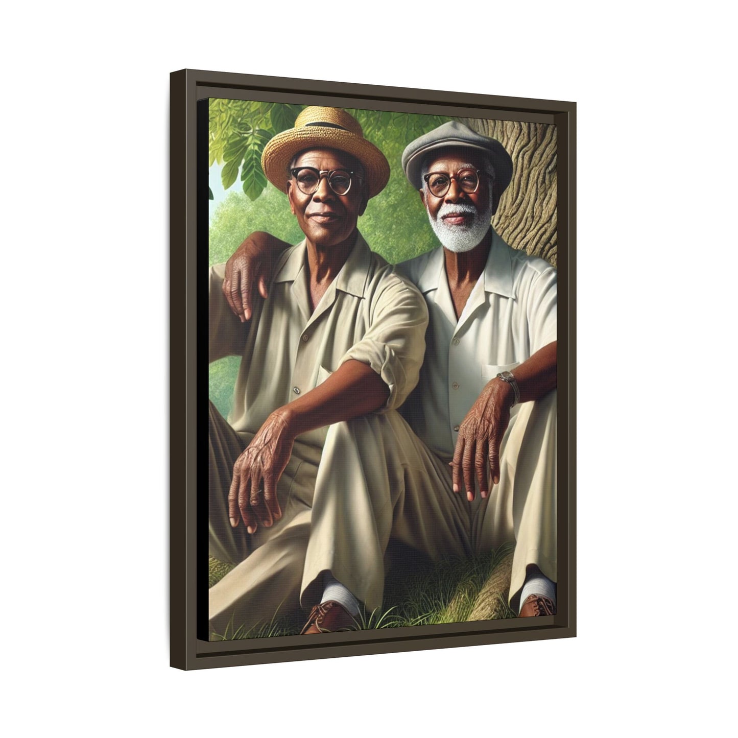 Framed artwork of a gay African-American couple in Cedar Rapids, Iowa, 1930s, celebrating love and resilience.