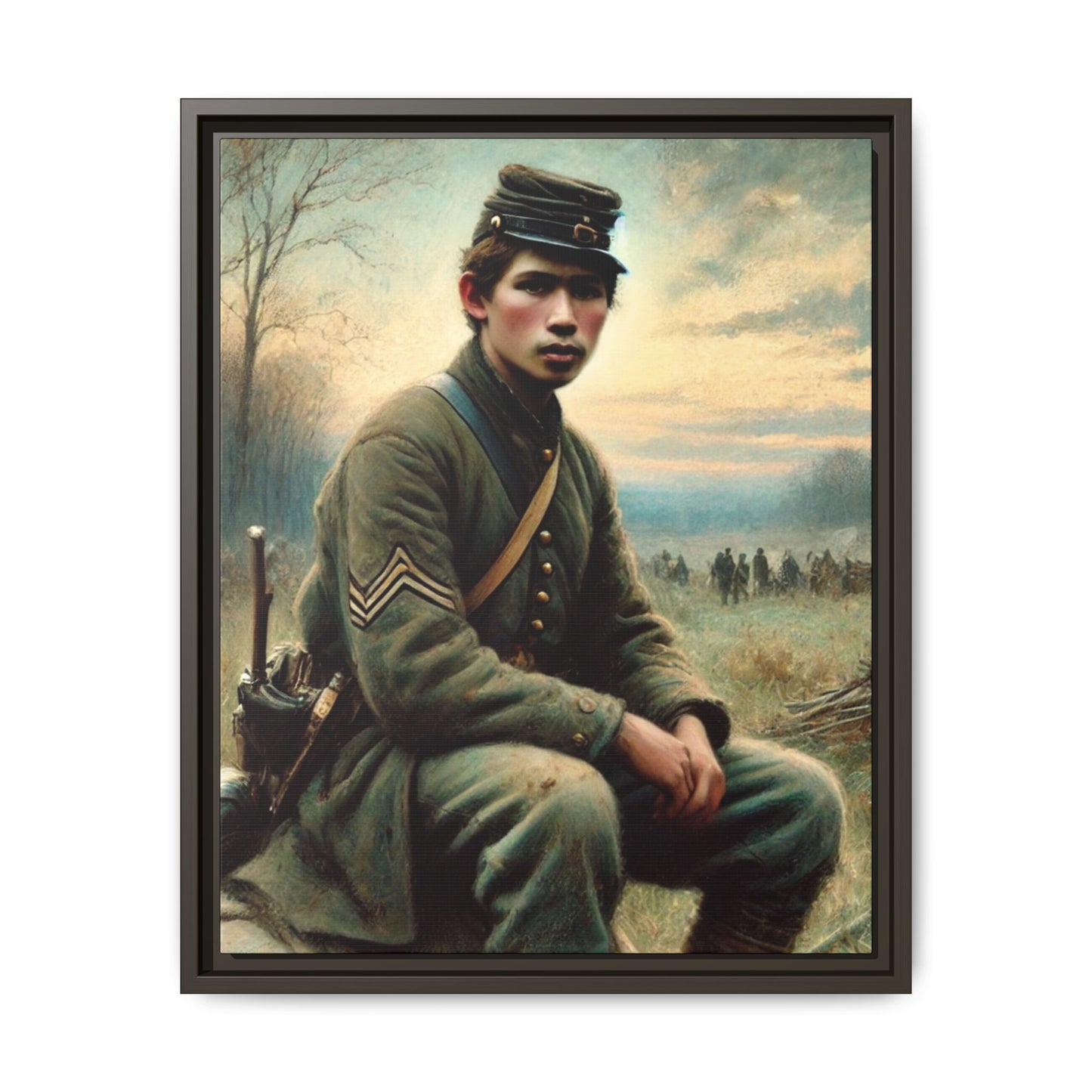 Framed artwork of a Civil War Union soldier inspired by Walt Whitman’s Leaves of Grass and Drum-Taps, depicting themes of sacrifice, strength, and vulnerability amidst a 19th-century battlefield.