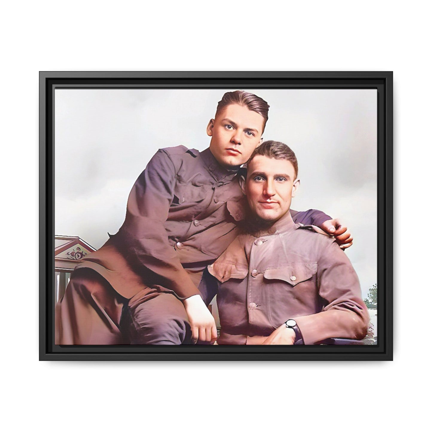A restored WWII-era portrait of Charlie & Gordon at Debach Airfield, UK. This framed matte canvas captures military camaraderie, resilience, and historical connection, making it a timeless tribute for vintage and aviation collectors. Gay Couple