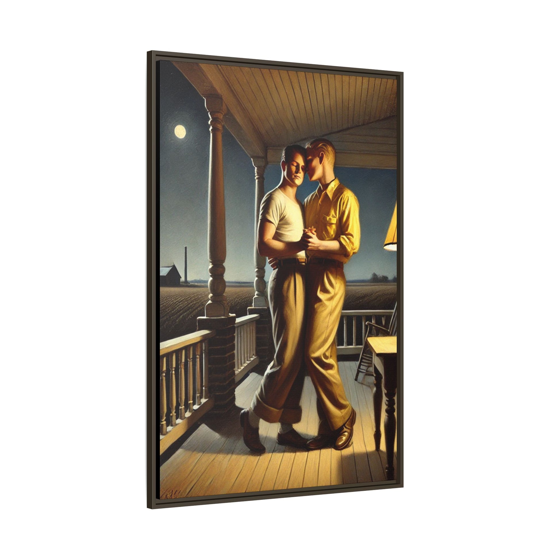 Artwork of a gay couple standing on a farmhouse porch under the moonlight, inspired by Grant Wood’s style.