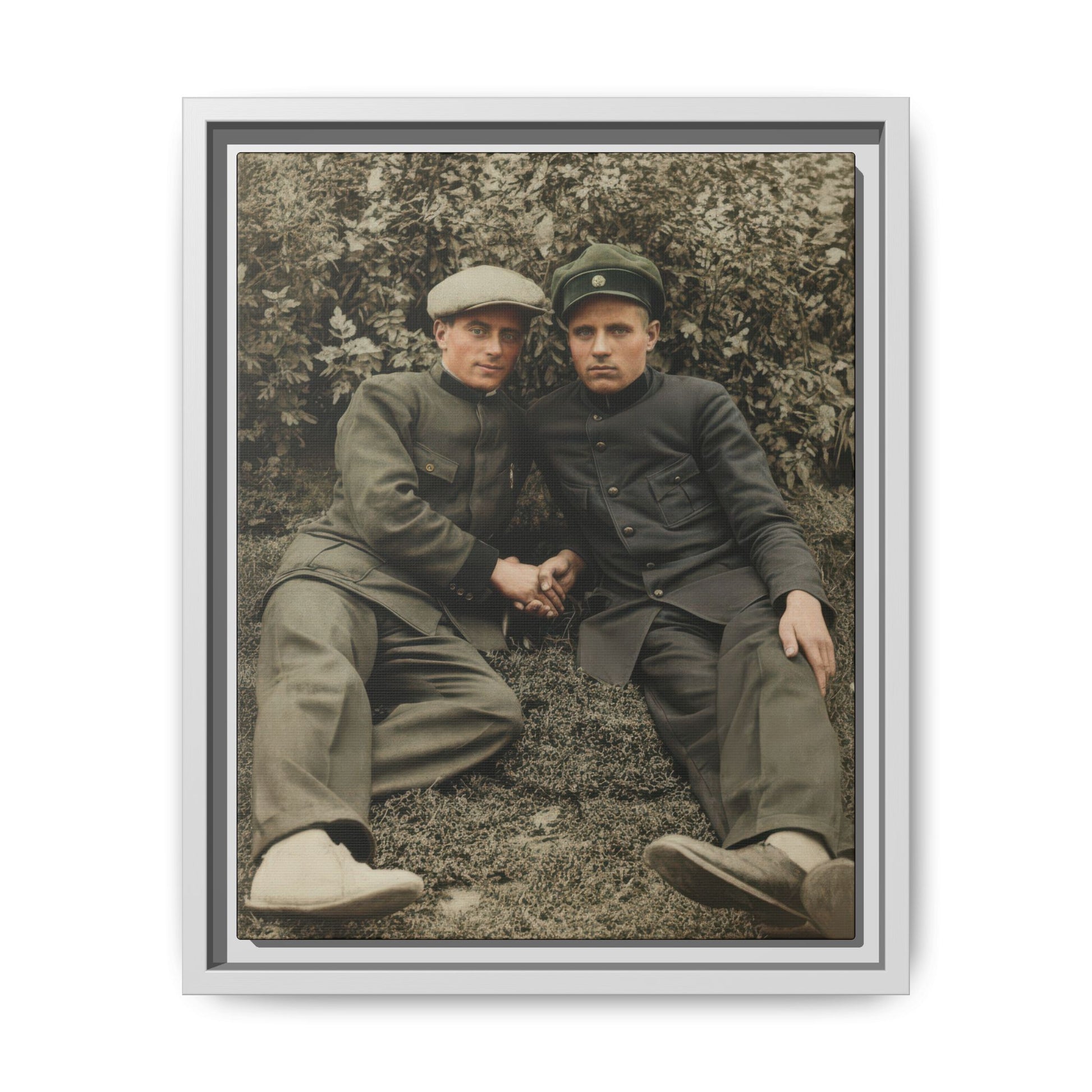 Framed canvas wall art featuring vintage military portrait outdoors