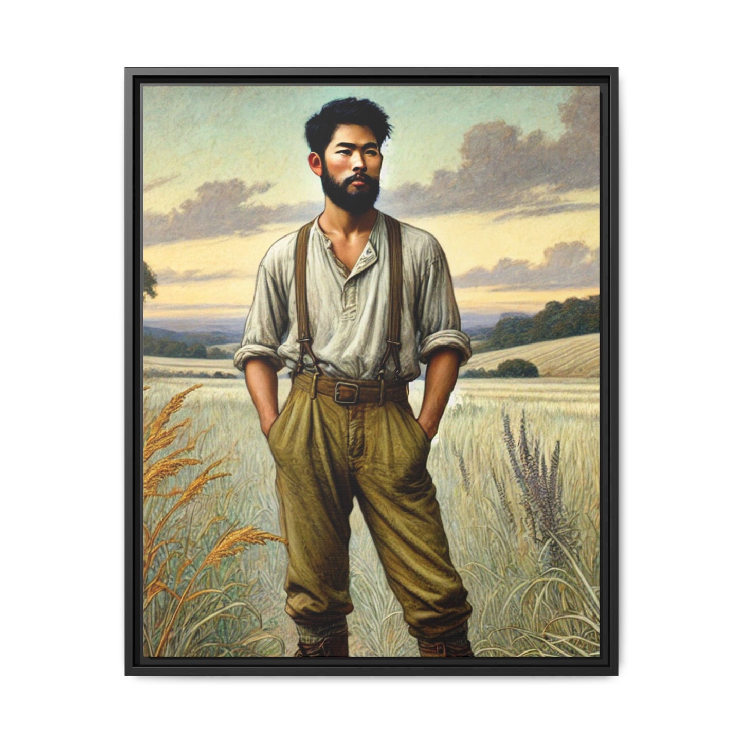 Framed artwork of an Asian-American farmer in 19th-century attire, inspired by Walt Whitman’s Leaves of Grass and Song of Myself, set against a serene rural backdrop of golden wheat fields and rolling hills.