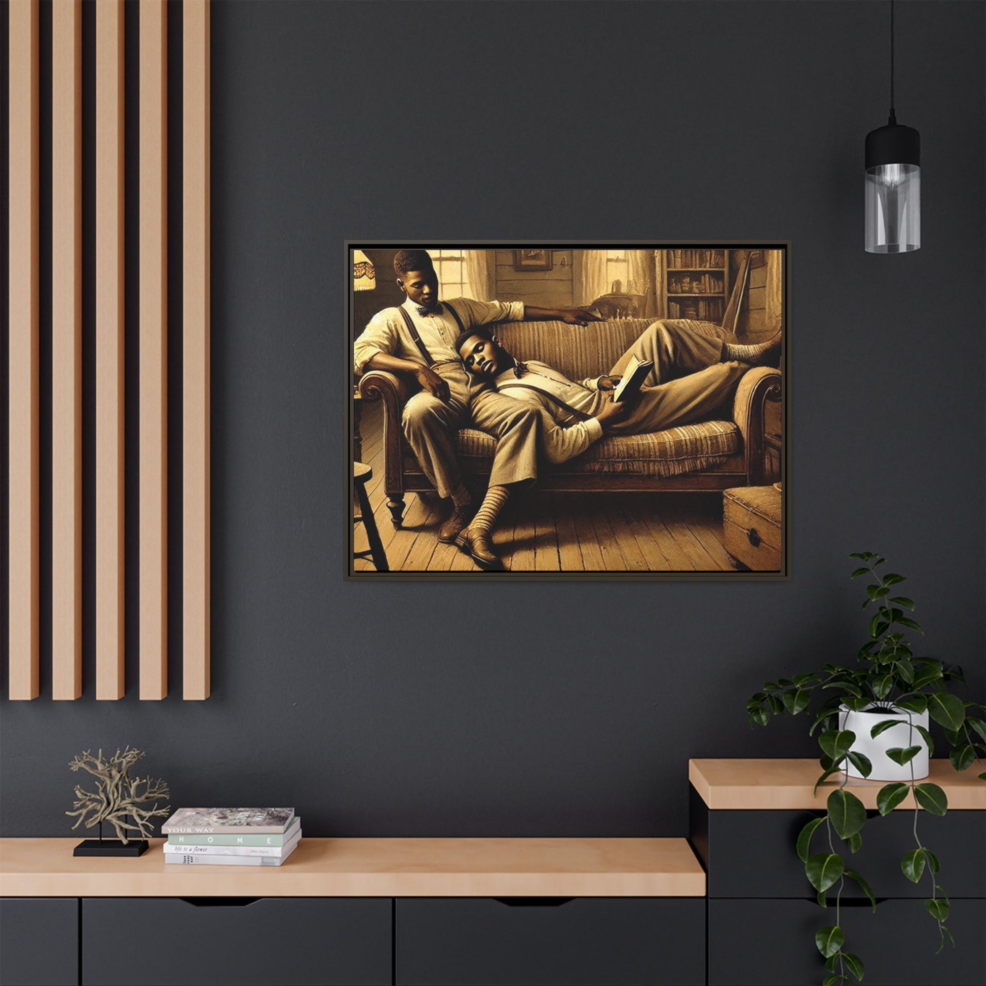 Framed artwork of an African-American gay couple sharing an intimate moment on a rustic sofa, inspired by Grant Wood’s style