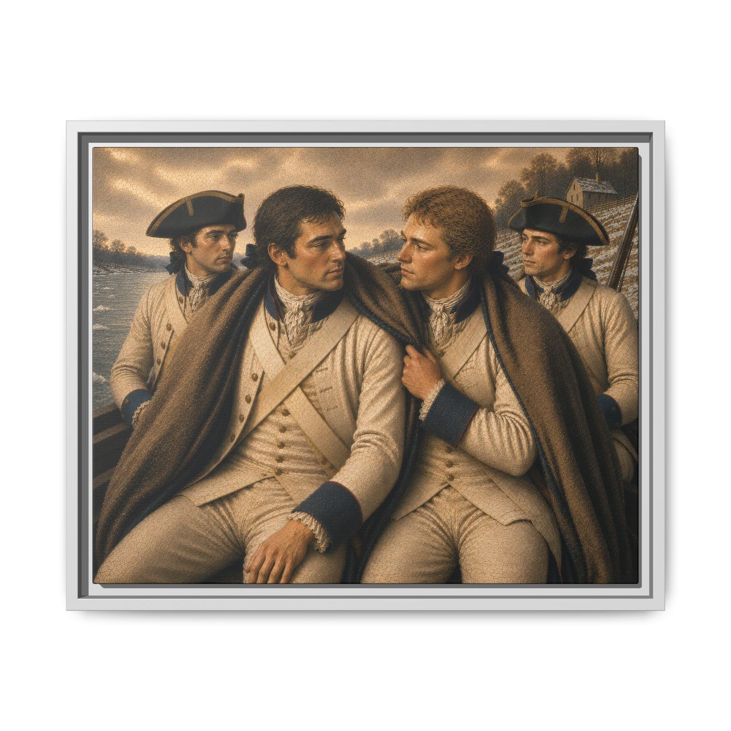 Museum-inspired portrait of French allied soldiers crossing winter terrain during the American Revolution.