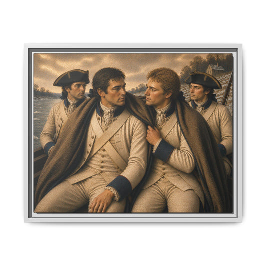 Museum-inspired portrait of French allied soldiers crossing winter terrain during the American Revolution.