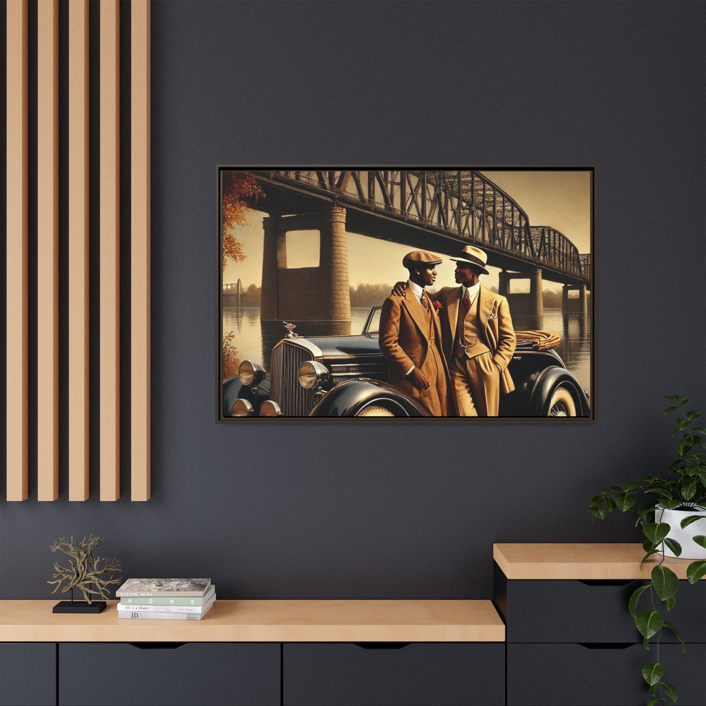 Vintage-style artwork of an African-American gay couple in the 1930s with a Packard car by the Mississippi River, celebrating love and inclusivity.