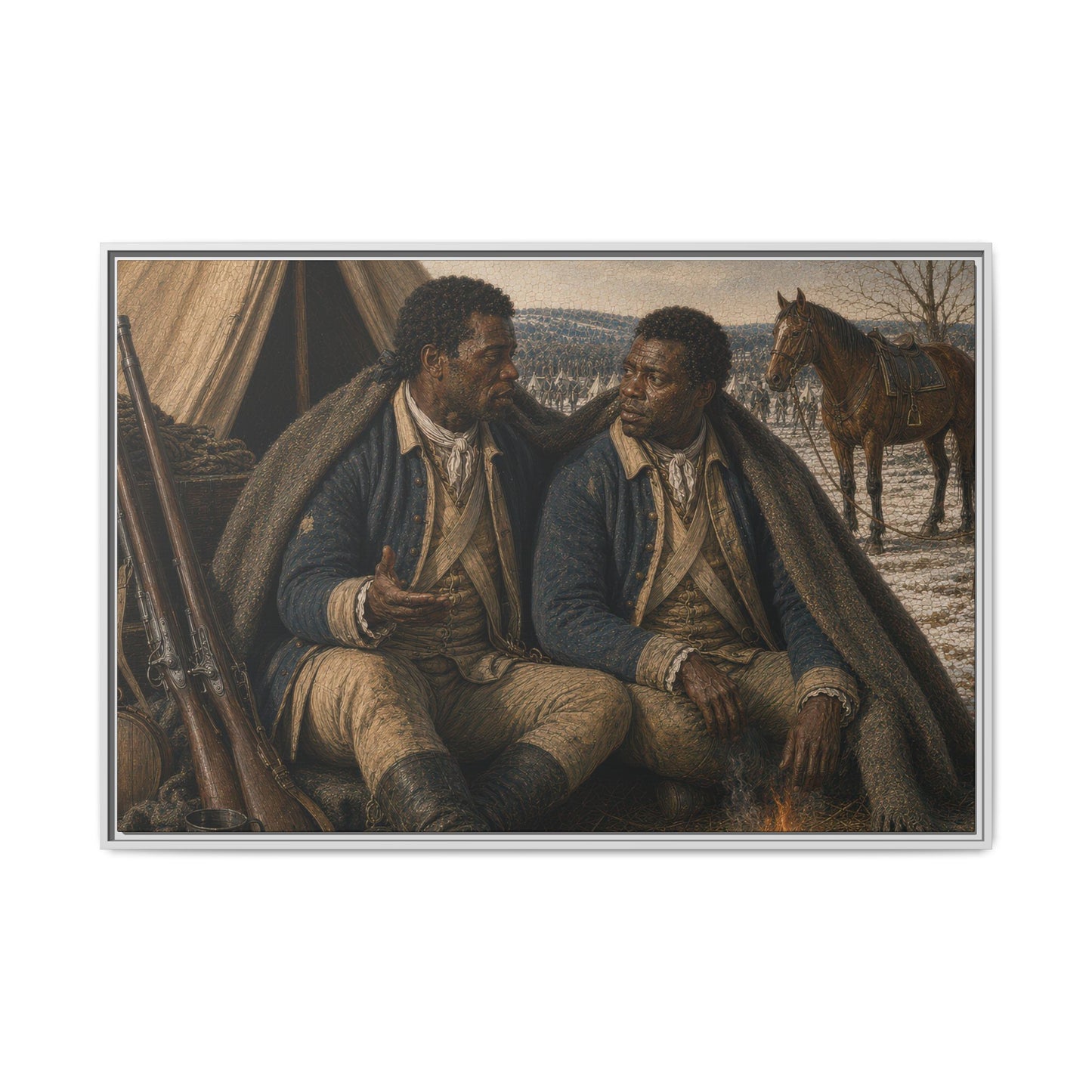 Historical framed canvas depicting Black Continental Army soldiers resting outside a canvas tent during winter quarters surrounded by authentic eighteenth-century military equipment