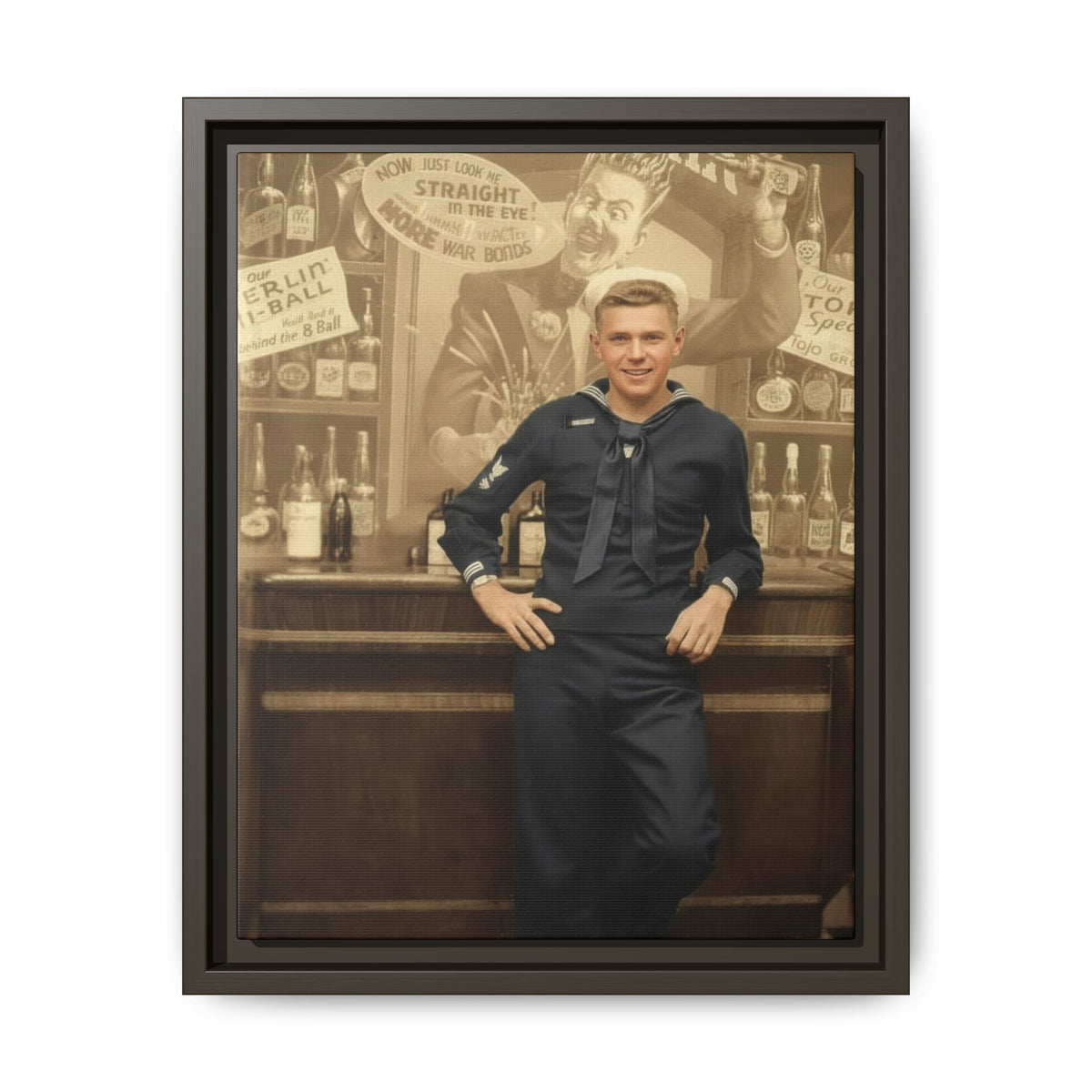 Man wearing a striped sailor collar and neckerchief, with one hand at his hip and crossed legs before a bar-themed backdrop.
