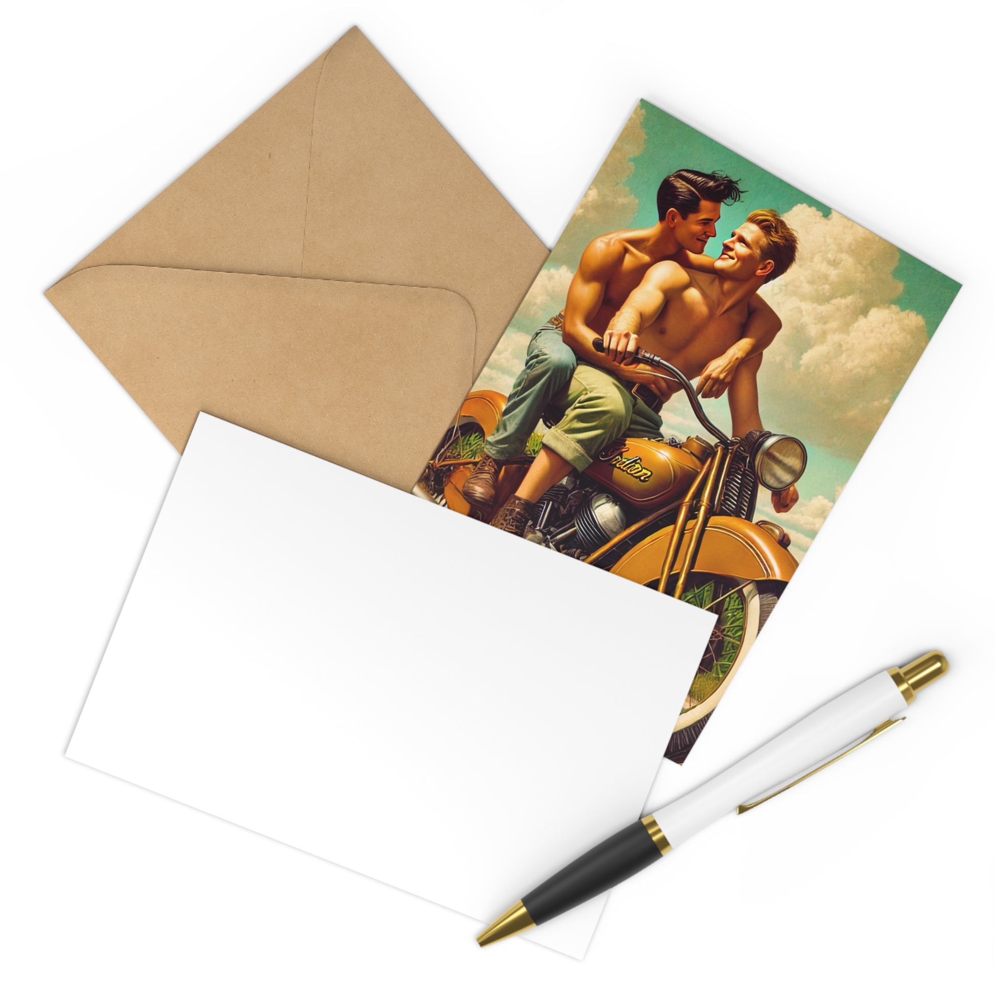 Postcard set featuring two men on a vintage motorcycle, inspired by Grant Wood's art, celebrating love and connection.