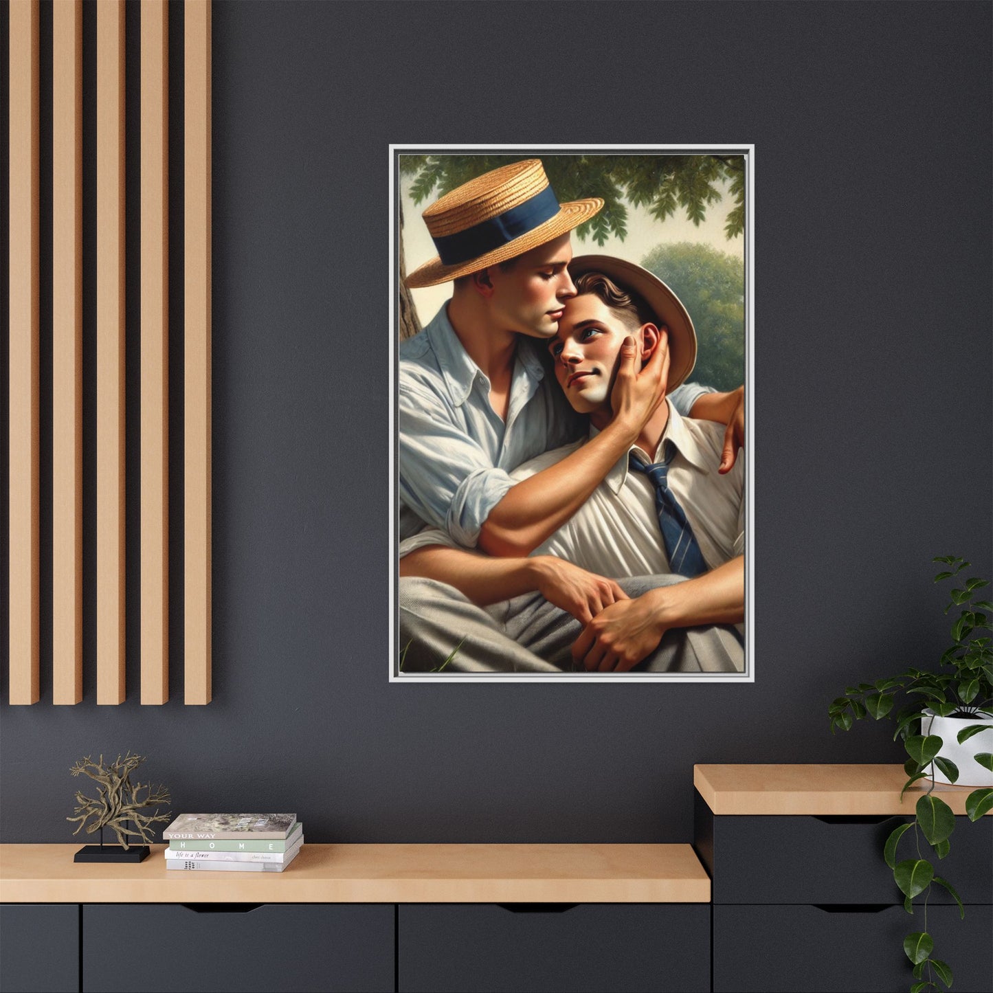 Vintage-style artwork of a gay couple in a sunlit meadow, sharing an affectionate moment in the 1930s