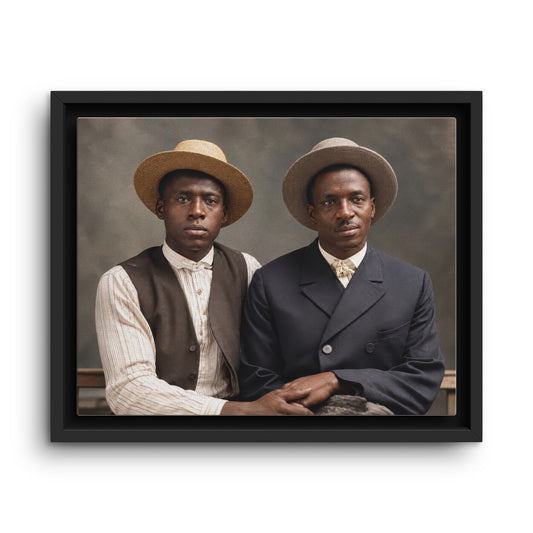 Restored vintage studio portrait of two Black men wearing broad-brimmed straw hats, one in a striped shirt and vest and the other in a dark jacket.